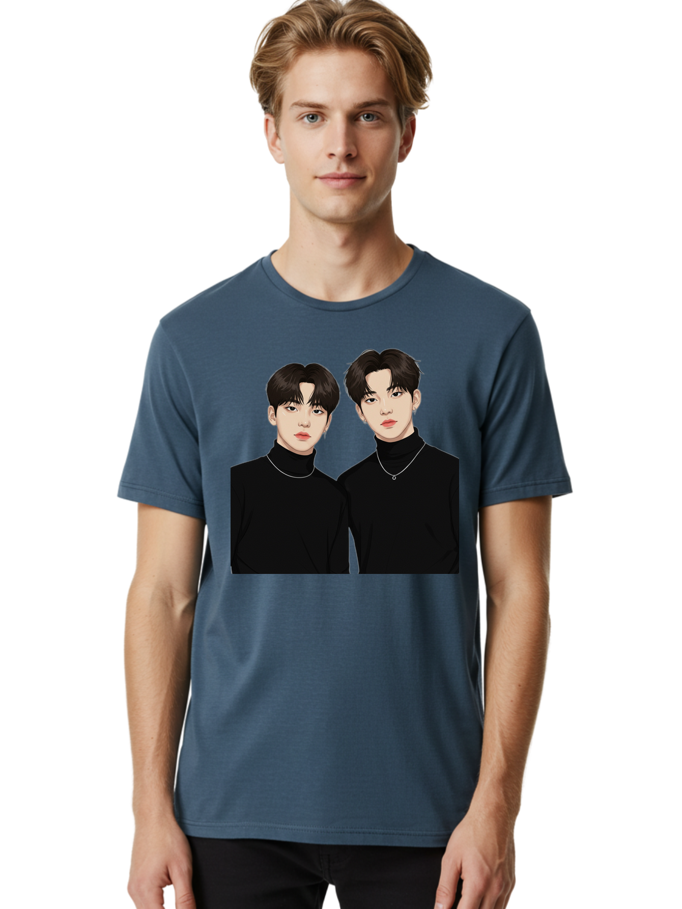 Twin-Guys Men'S Graphic Tee, 100% Cotton, Comfortable Casual Summer Wear, Machine Washable, K-Pop Idols, Male Duo, Black Turtlenecks, Silver Necklaces, Dark Hair, Digital Illustration, Pop Culture Icons, Modern Fashion, Stylish Accessories, Bac525