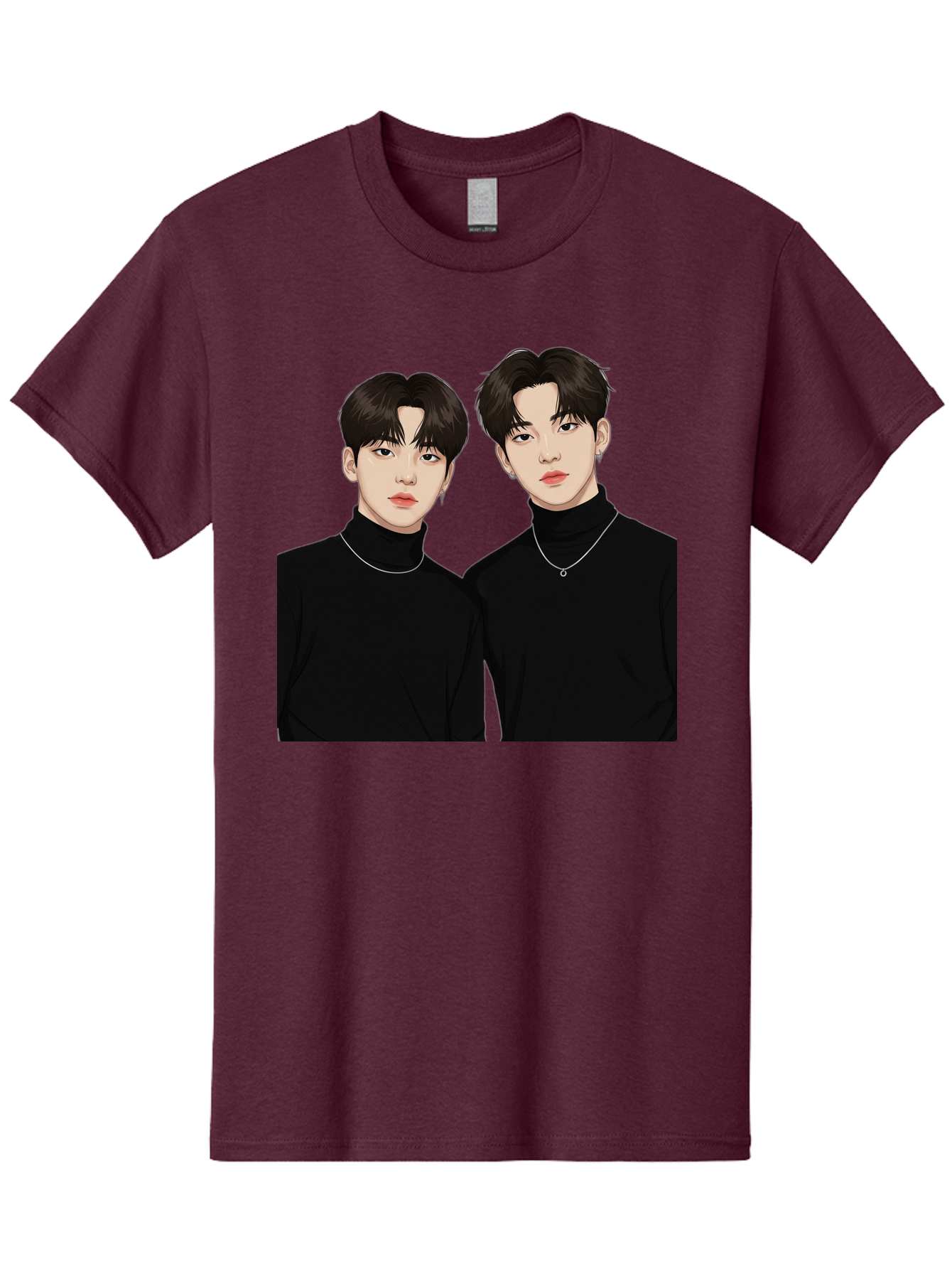 Twin-Guys Men'S Graphic Tee, 100% Cotton, Comfortable Casual Summer Wear, Machine Washable, K-Pop Idols, Male Duo, Black Turtlenecks, Silver Necklaces, Dark Hair, Digital Illustration, Pop Culture Icons, Modern Fashion, Stylish Accessories, Bac525