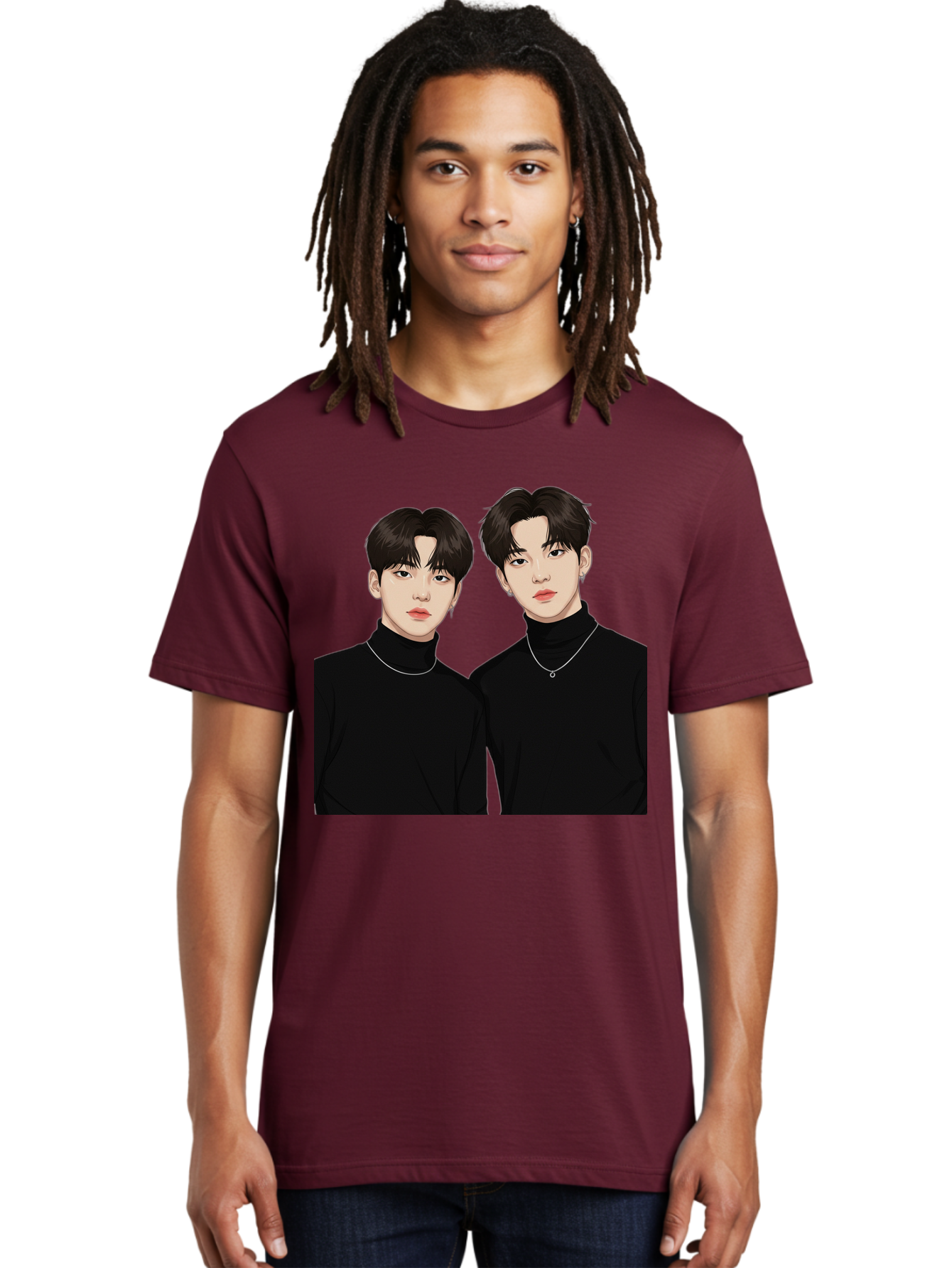 Twin-Guys Men'S Graphic Tee, 100% Cotton, Comfortable Casual Summer Wear, Machine Washable, K-Pop Idols, Male Duo, Black Turtlenecks, Silver Necklaces, Dark Hair, Digital Illustration, Pop Culture Icons, Modern Fashion, Stylish Accessories, Bac525