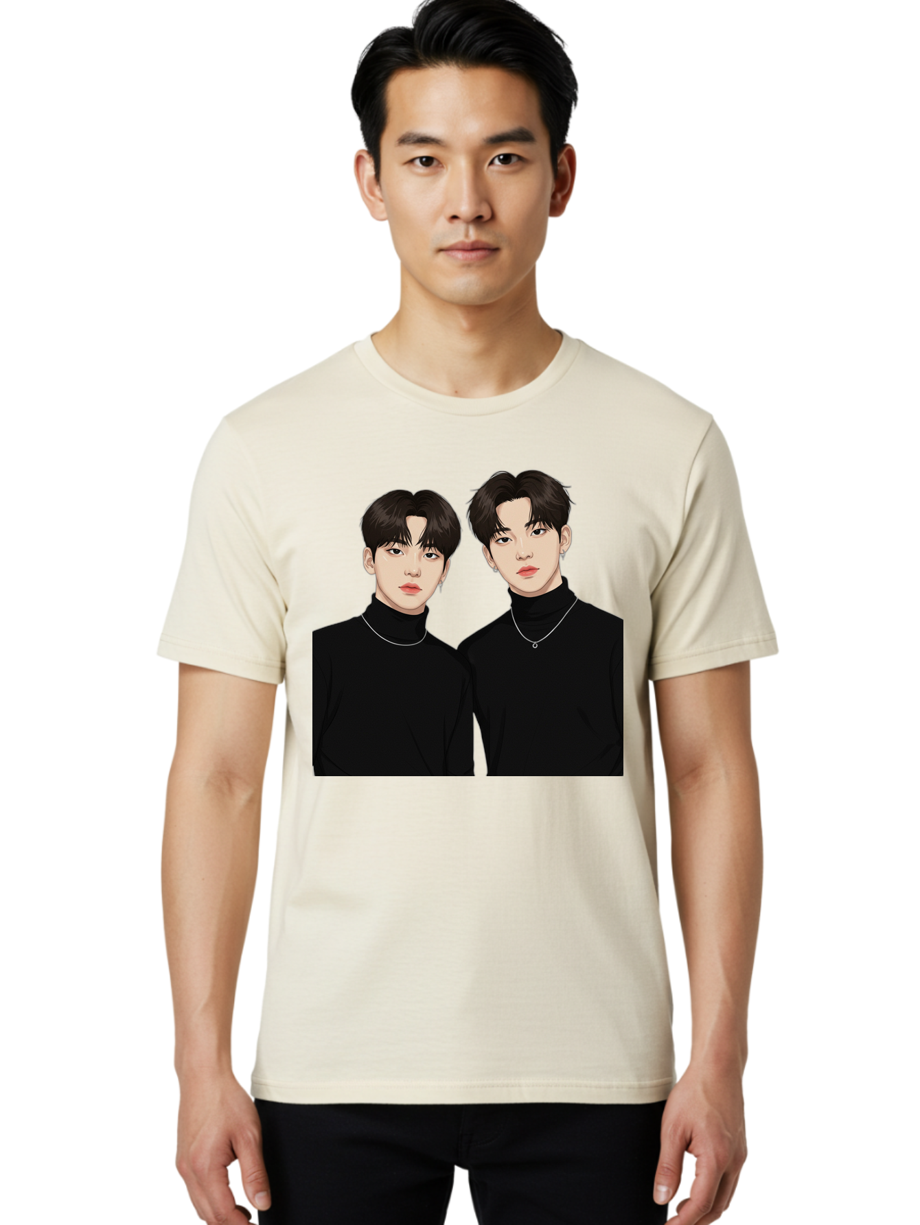 Twin-Guys Men'S Graphic Tee, 100% Cotton, Comfortable Casual Summer Wear, Machine Washable, K-Pop Idols, Male Duo, Black Turtlenecks, Silver Necklaces, Dark Hair, Digital Illustration, Pop Culture Icons, Modern Fashion, Stylish Accessories, Bac525