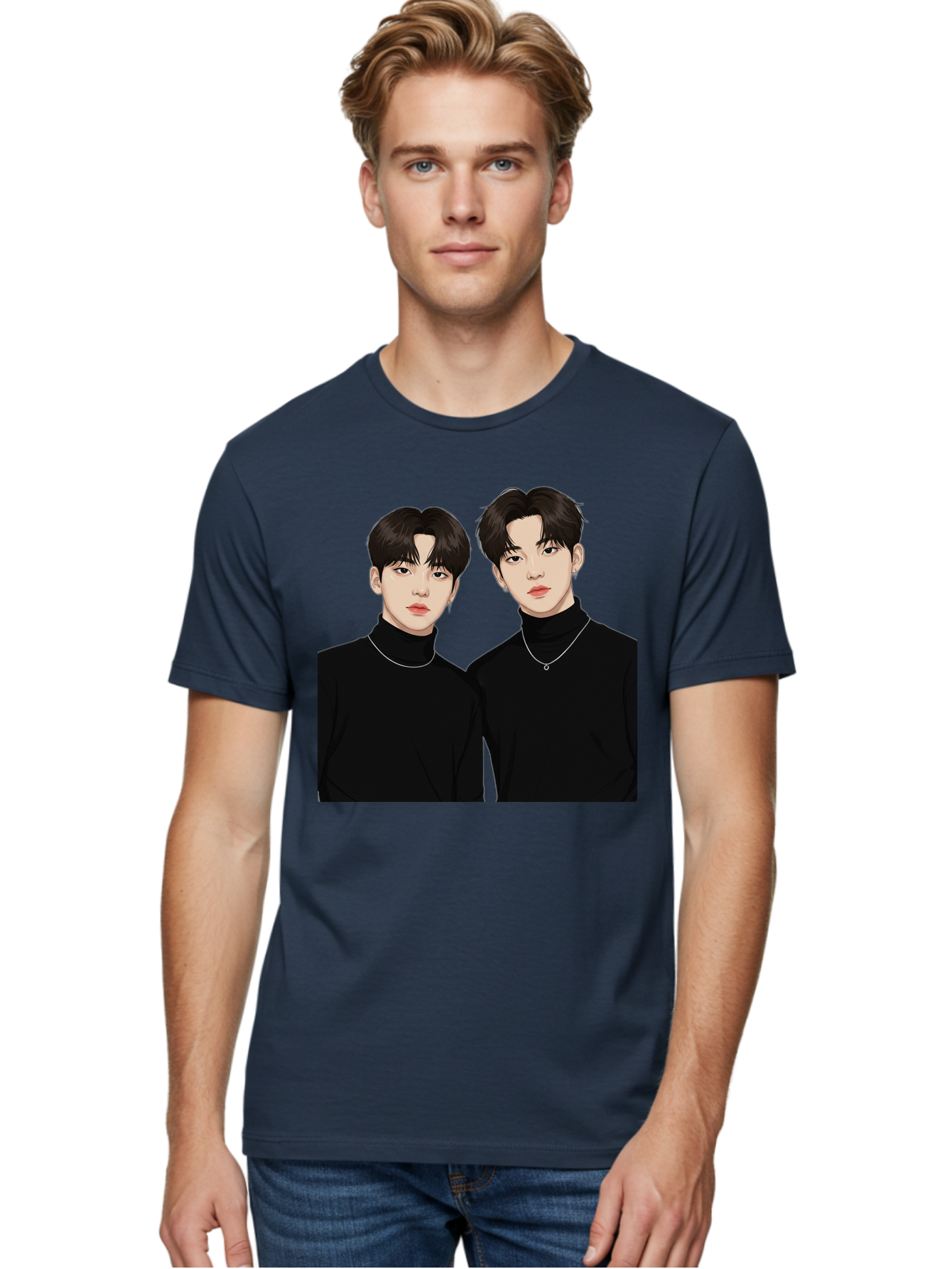 Twin-Guys Men'S Graphic Tee, 100% Cotton, Comfortable Casual Summer Wear, Machine Washable, K-Pop Idols, Male Duo, Black Turtlenecks, Silver Necklaces, Dark Hair, Digital Illustration, Pop Culture Icons, Modern Fashion, Stylish Accessories, Bac525