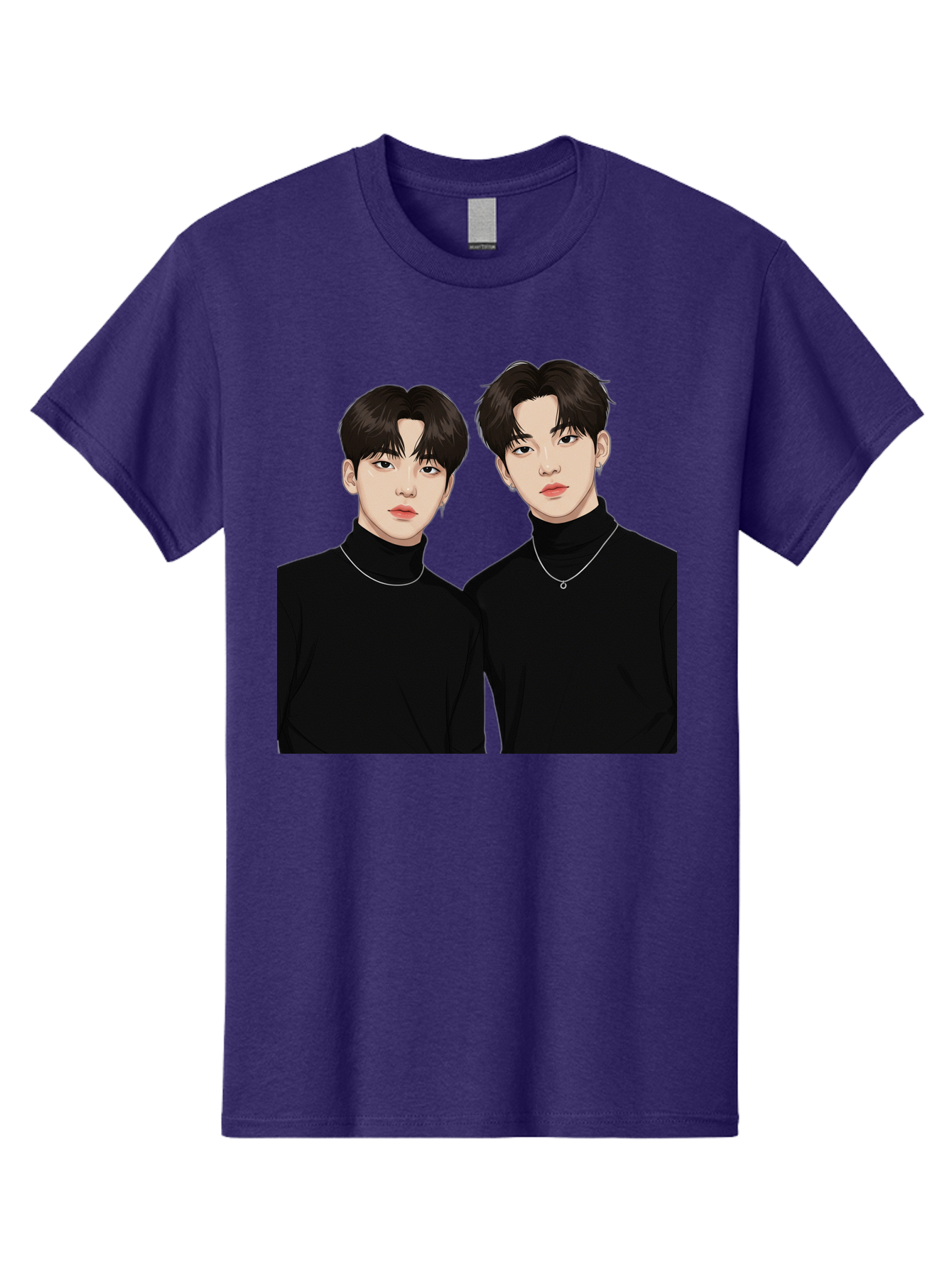 Twin-Guys Men'S Graphic Tee, 100% Cotton, Comfortable Casual Summer Wear, Machine Washable, K-Pop Idols, Male Duo, Black Turtlenecks, Silver Necklaces, Dark Hair, Digital Illustration, Pop Culture Icons, Modern Fashion, Stylish Accessories, Bac525