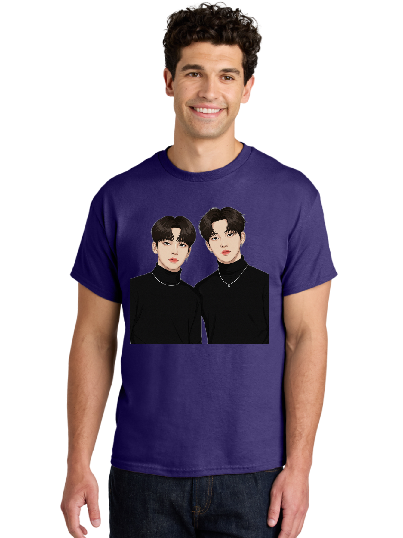 Twin-Guys Men'S Graphic Tee, 100% Cotton, Comfortable Casual Summer Wear, Machine Washable, K-Pop Idols, Male Duo, Black Turtlenecks, Silver Necklaces, Dark Hair, Digital Illustration, Pop Culture Icons, Modern Fashion, Stylish Accessories, Bac525