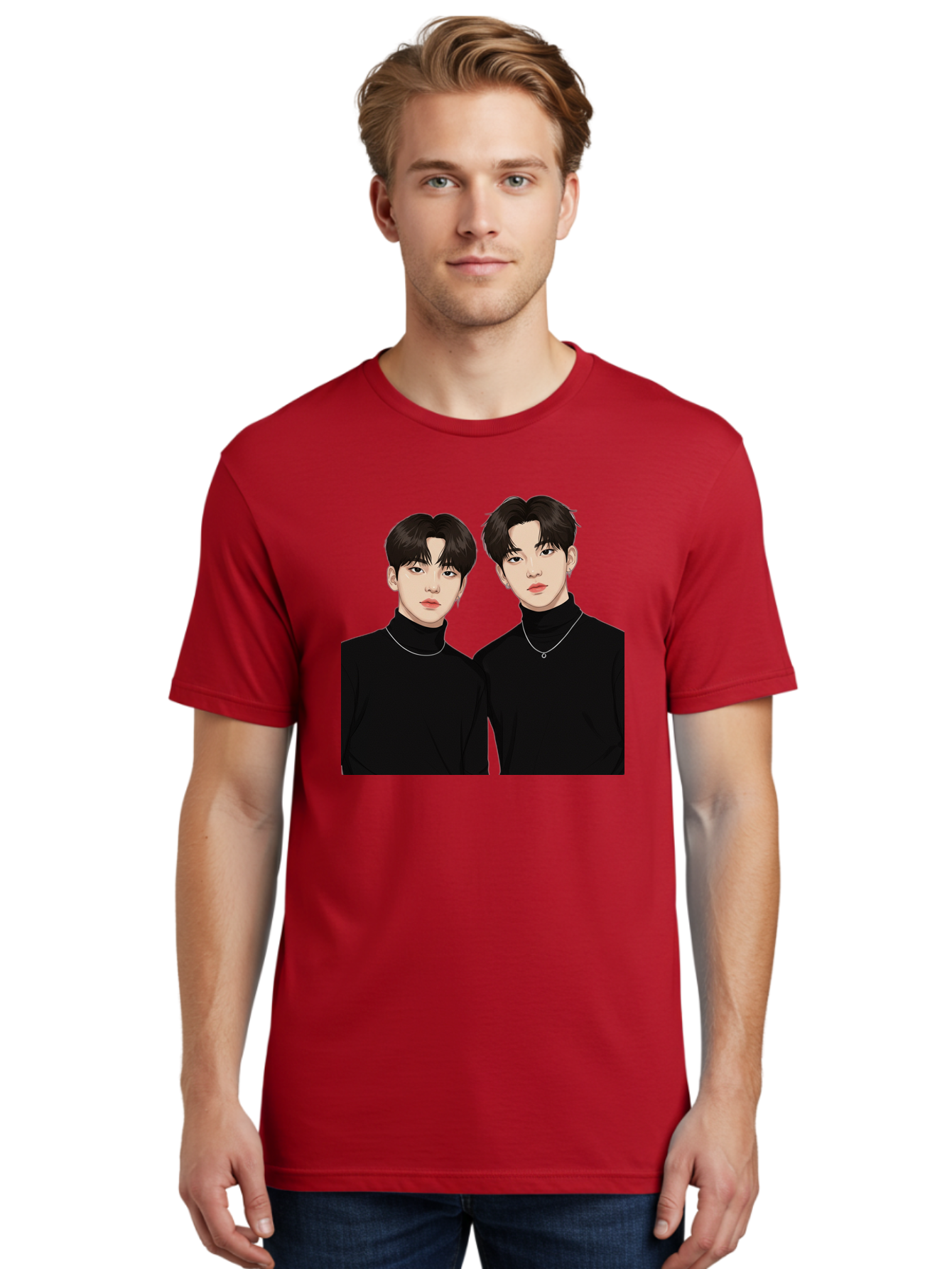 Twin-Guys Men'S Graphic Tee, 100% Cotton, Comfortable Casual Summer Wear, Machine Washable, K-Pop Idols, Male Duo, Black Turtlenecks, Silver Necklaces, Dark Hair, Digital Illustration, Pop Culture Icons, Modern Fashion, Stylish Accessories, Bac525