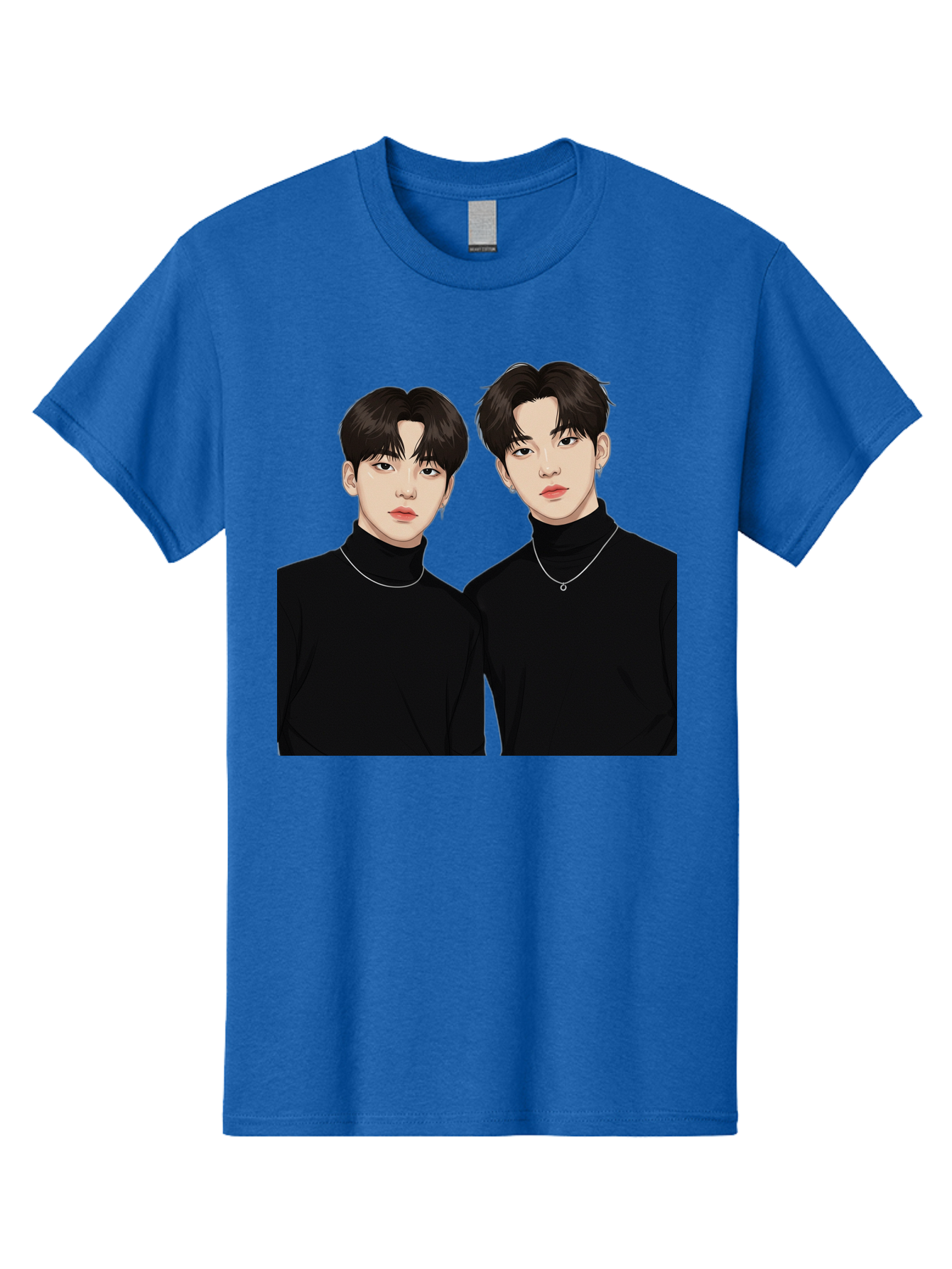 Twin-Guys Men'S Graphic Tee, 100% Cotton, Comfortable Casual Summer Wear, Machine Washable, K-Pop Idols, Male Duo, Black Turtlenecks, Silver Necklaces, Dark Hair, Digital Illustration, Pop Culture Icons, Modern Fashion, Stylish Accessories, Bac525