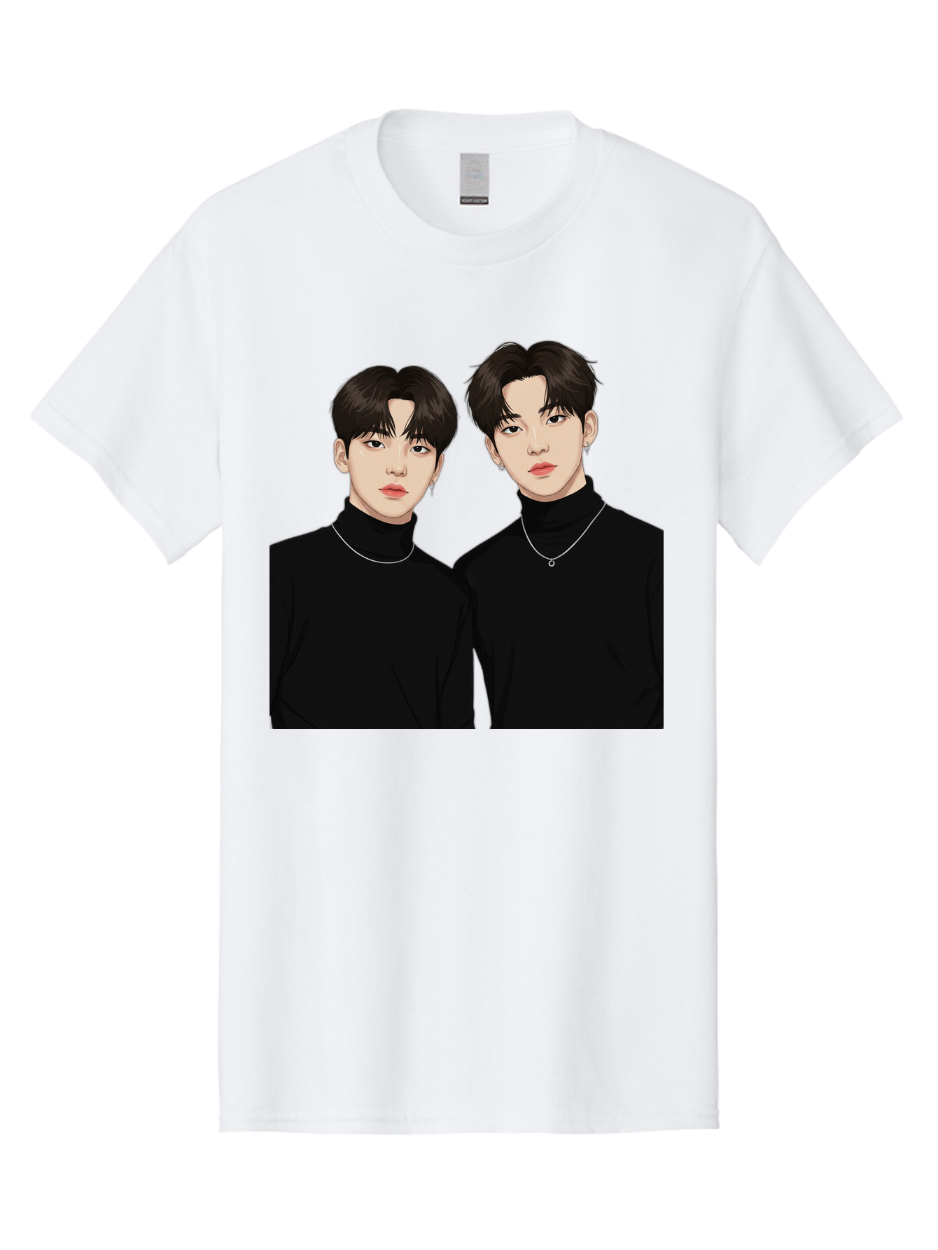 Twin-Guys Men'S Graphic Tee, 100% Cotton, Comfortable Casual Summer Wear, Machine Washable, K-Pop Idols, Male Duo, Black Turtlenecks, Silver Necklaces, Dark Hair, Digital Illustration, Pop Culture Icons, Modern Fashion, Stylish Accessories, Bac525