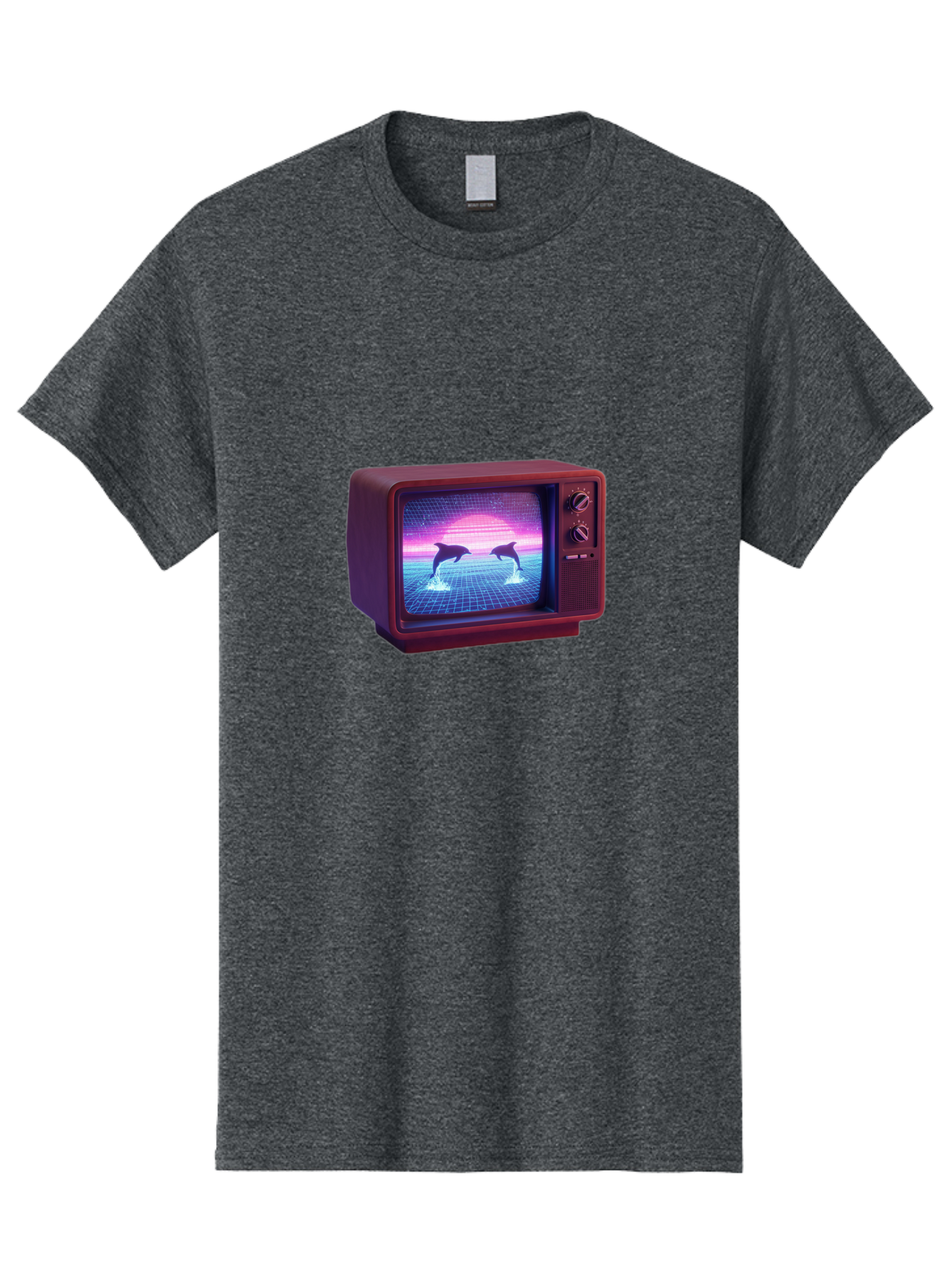 Two-Dolphins Men'S Graphic Tee, 100% Cotton, Comfortable Casual Summer Wear, Machine Washable, Retro Television, Vaporwave Aesthetic, Pixel Art, Dolphins, Sunset, 80S Nostalgia, Pixelated Graphics, Synthwave, Retrofuturism, Old School Tv Bac526