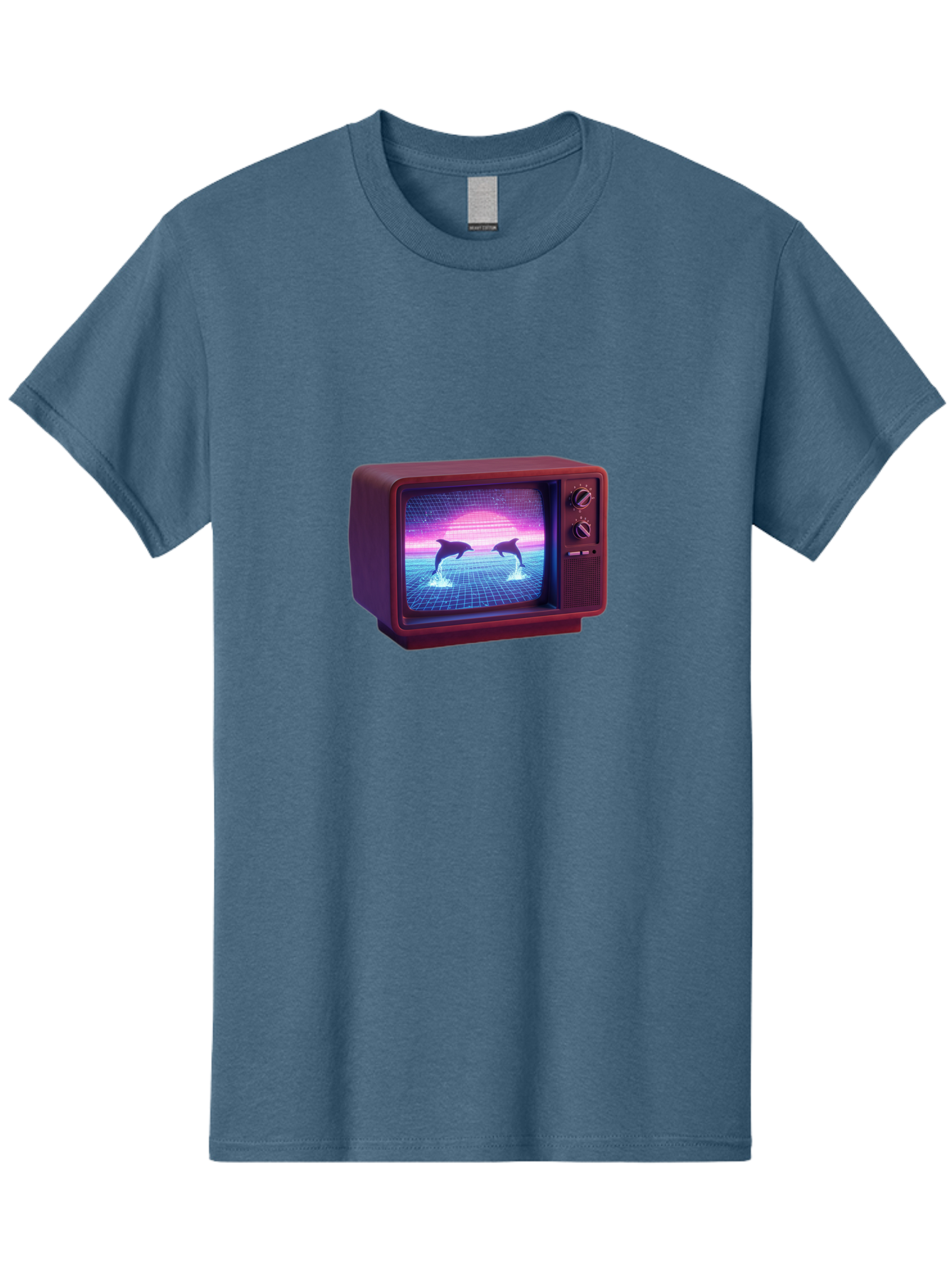 Two-Dolphins Men'S Graphic Tee, 100% Cotton, Comfortable Casual Summer Wear, Machine Washable, Retro Television, Vaporwave Aesthetic, Pixel Art, Dolphins, Sunset, 80S Nostalgia, Pixelated Graphics, Synthwave, Retrofuturism, Old School Tv Bac526