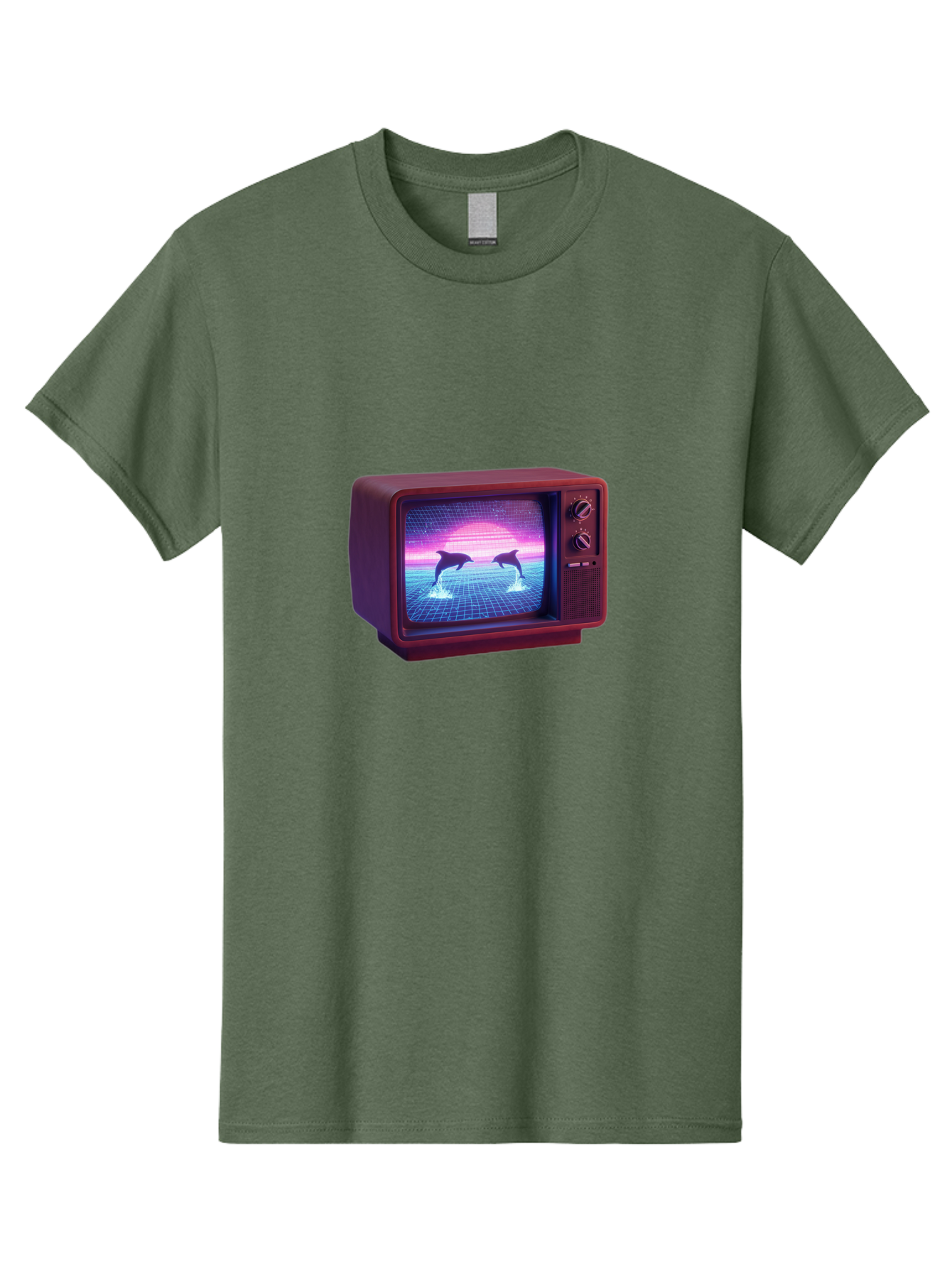 Two-Dolphins Men'S Graphic Tee, 100% Cotton, Comfortable Casual Summer Wear, Machine Washable, Retro Television, Vaporwave Aesthetic, Pixel Art, Dolphins, Sunset, 80S Nostalgia, Pixelated Graphics, Synthwave, Retrofuturism, Old School Tv Bac526