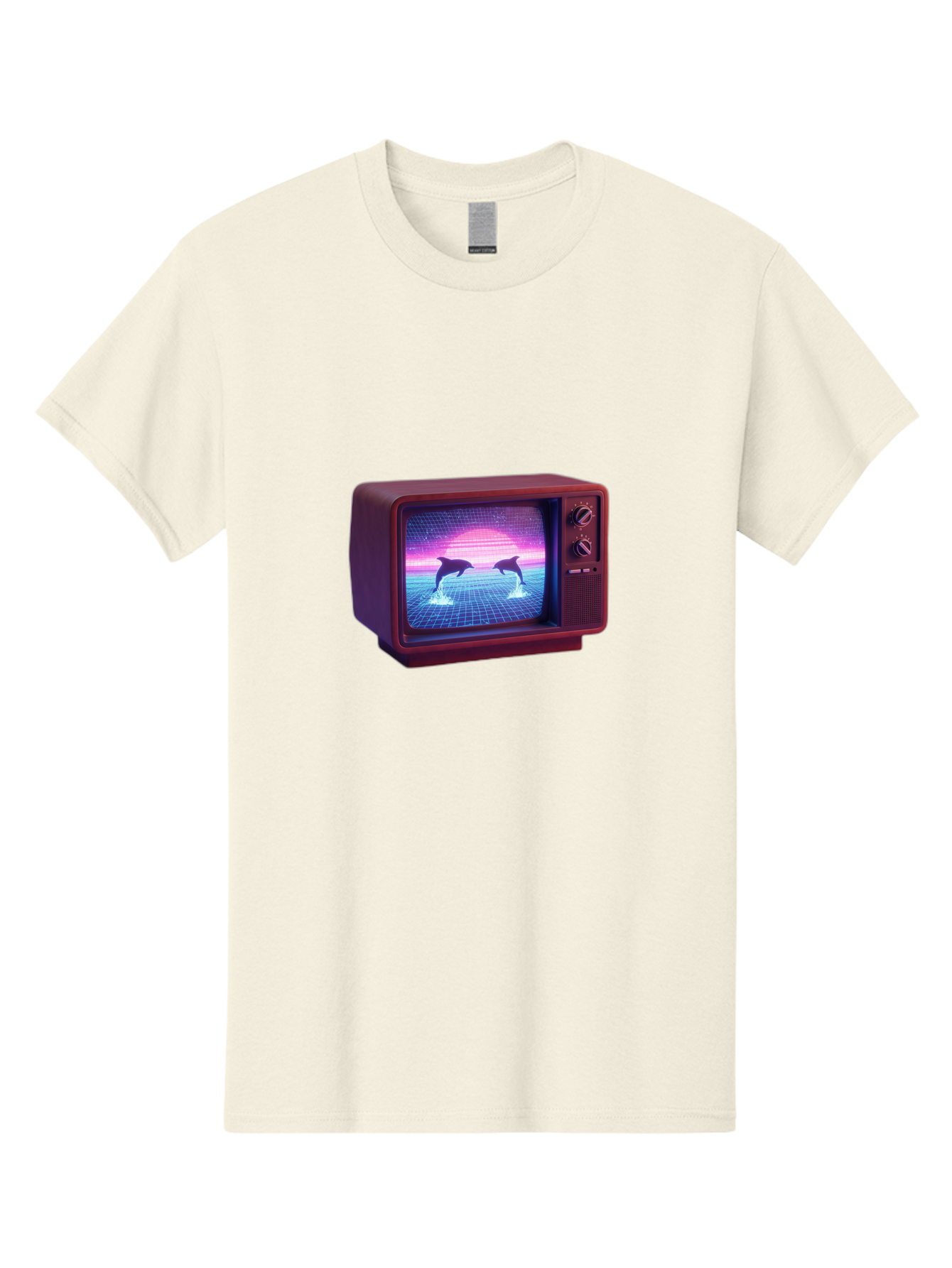 Two-Dolphins Men'S Graphic Tee, 100% Cotton, Comfortable Casual Summer Wear, Machine Washable, Retro Television, Vaporwave Aesthetic, Pixel Art, Dolphins, Sunset, 80S Nostalgia, Pixelated Graphics, Synthwave, Retrofuturism, Old School Tv Bac526