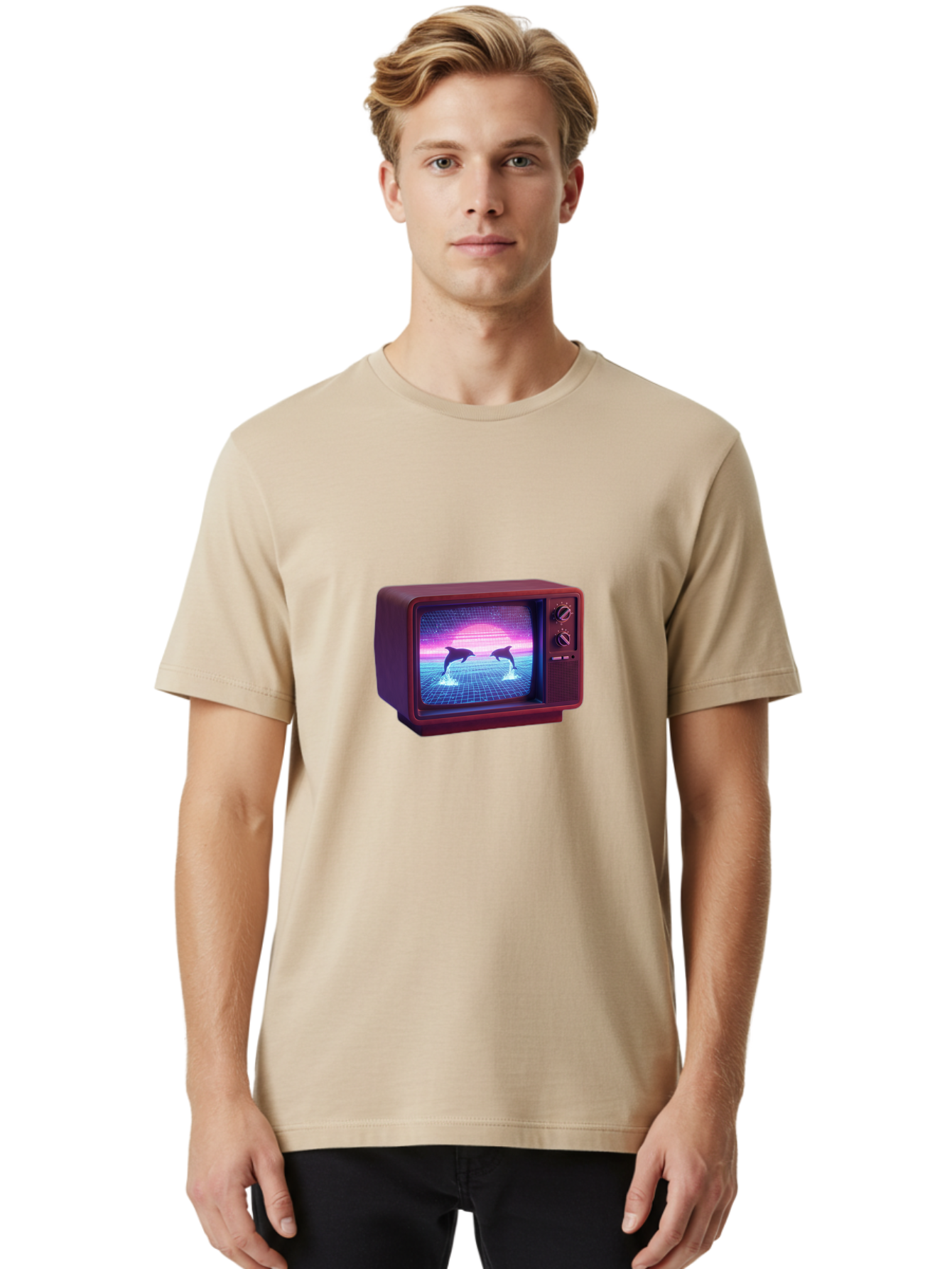 Two-Dolphins Men'S Graphic Tee, 100% Cotton, Comfortable Casual Summer Wear, Machine Washable, Retro Television, Vaporwave Aesthetic, Pixel Art, Dolphins, Sunset, 80S Nostalgia, Pixelated Graphics, Synthwave, Retrofuturism, Old School Tv Bac526