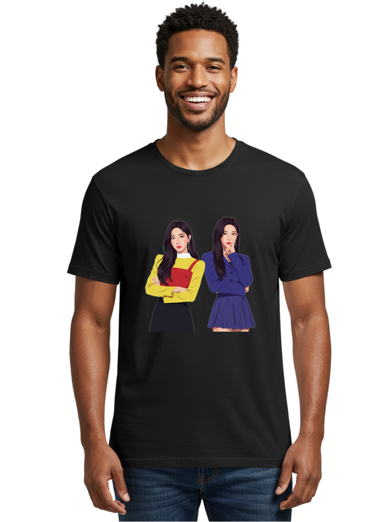 Two-Women Men'S Graphic Tee, 100% Cotton, Comfortable Casual Summer Wear, Machine Washable, Two Women Standing, Long Black Hair, Fashionable Clothing, Confident Poses, Contrasting Outfits, Yellow And Red, Blue Jacket, Pleated Skirt, Bac527