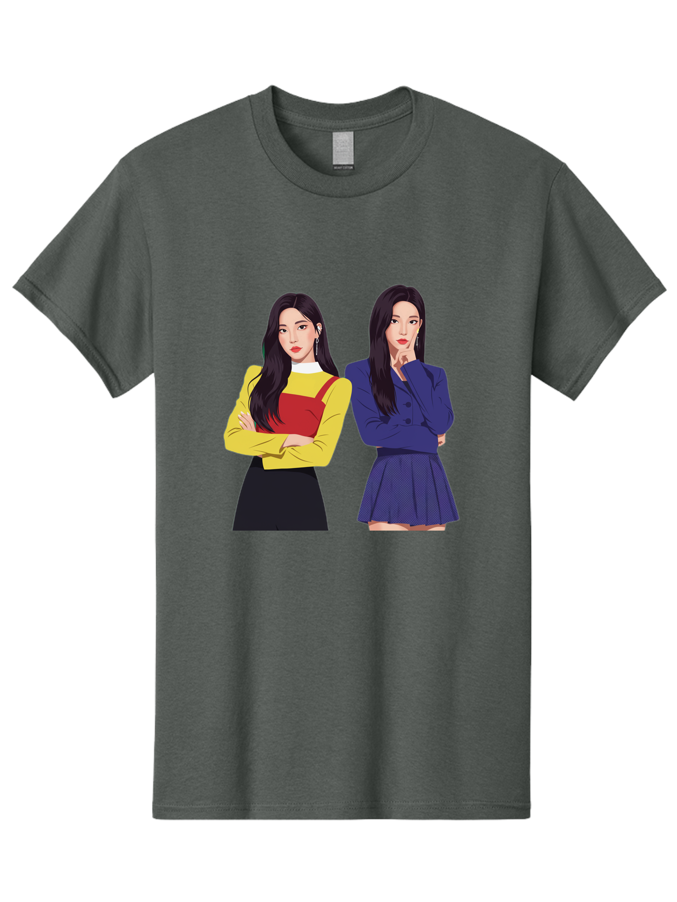 Two-Women Men'S Graphic Tee, 100% Cotton, Comfortable Casual Summer Wear, Machine Washable, Two Women Standing, Long Black Hair, Fashionable Clothing, Confident Poses, Contrasting Outfits, Yellow And Red, Blue Jacket, Pleated Skirt, Bac527