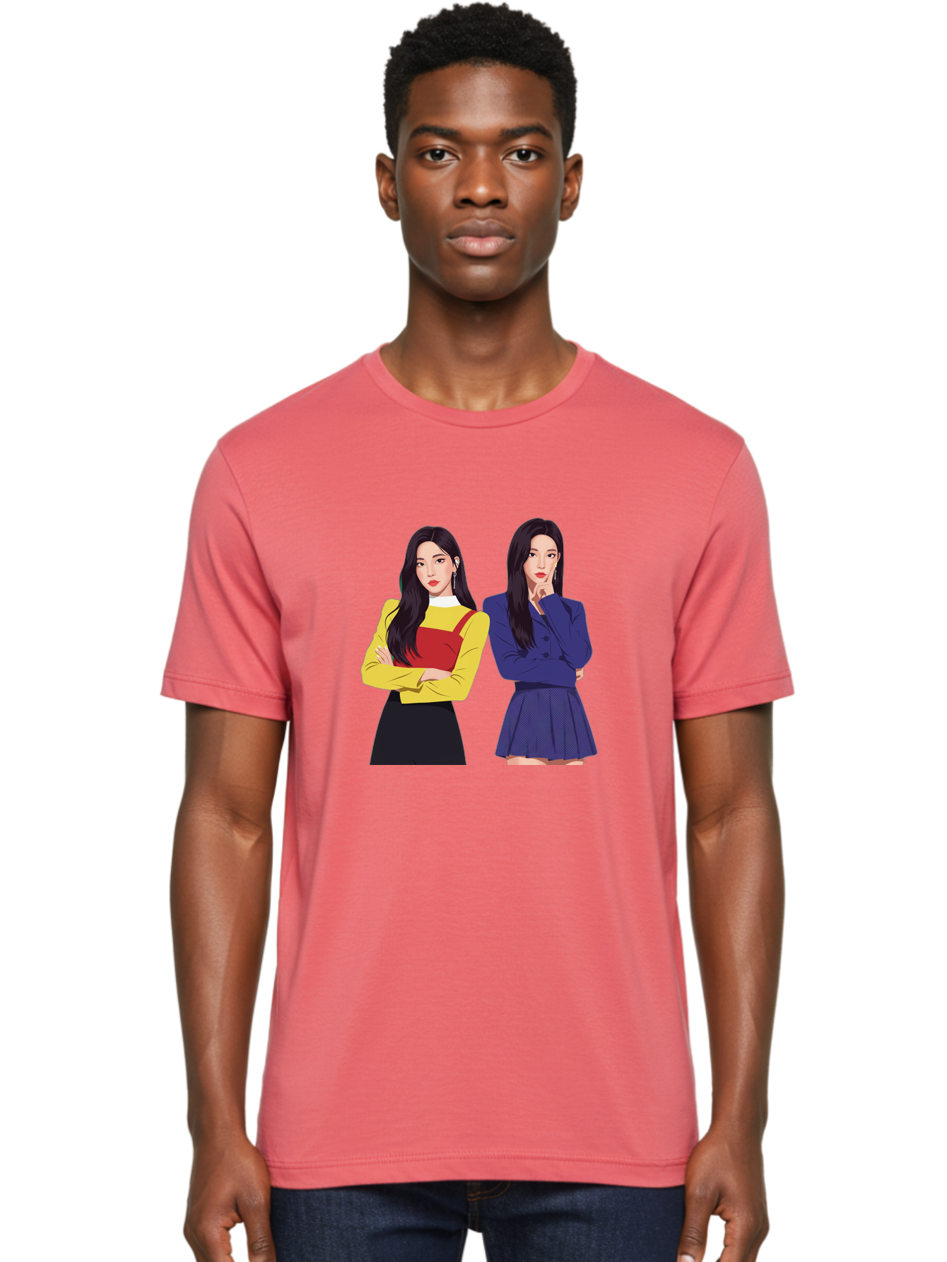 Two-Women Men'S Graphic Tee, 100% Cotton, Comfortable Casual Summer Wear, Machine Washable, Two Women Standing, Long Black Hair, Fashionable Clothing, Confident Poses, Contrasting Outfits, Yellow And Red, Blue Jacket, Pleated Skirt, Bac527