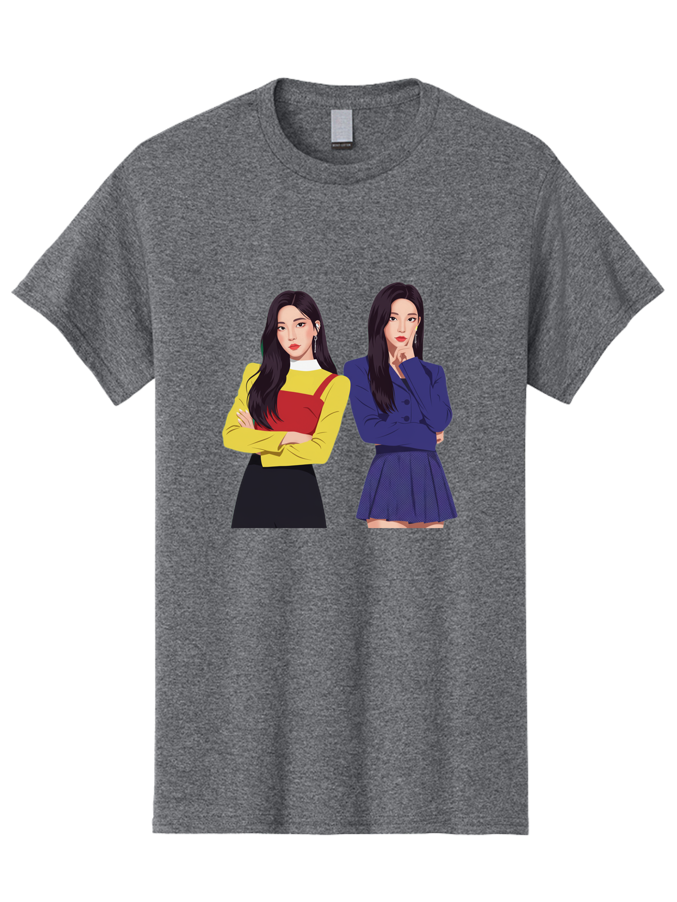 Two-Women Men'S Graphic Tee, 100% Cotton, Comfortable Casual Summer Wear, Machine Washable, Two Women Standing, Long Black Hair, Fashionable Clothing, Confident Poses, Contrasting Outfits, Yellow And Red, Blue Jacket, Pleated Skirt, Bac527