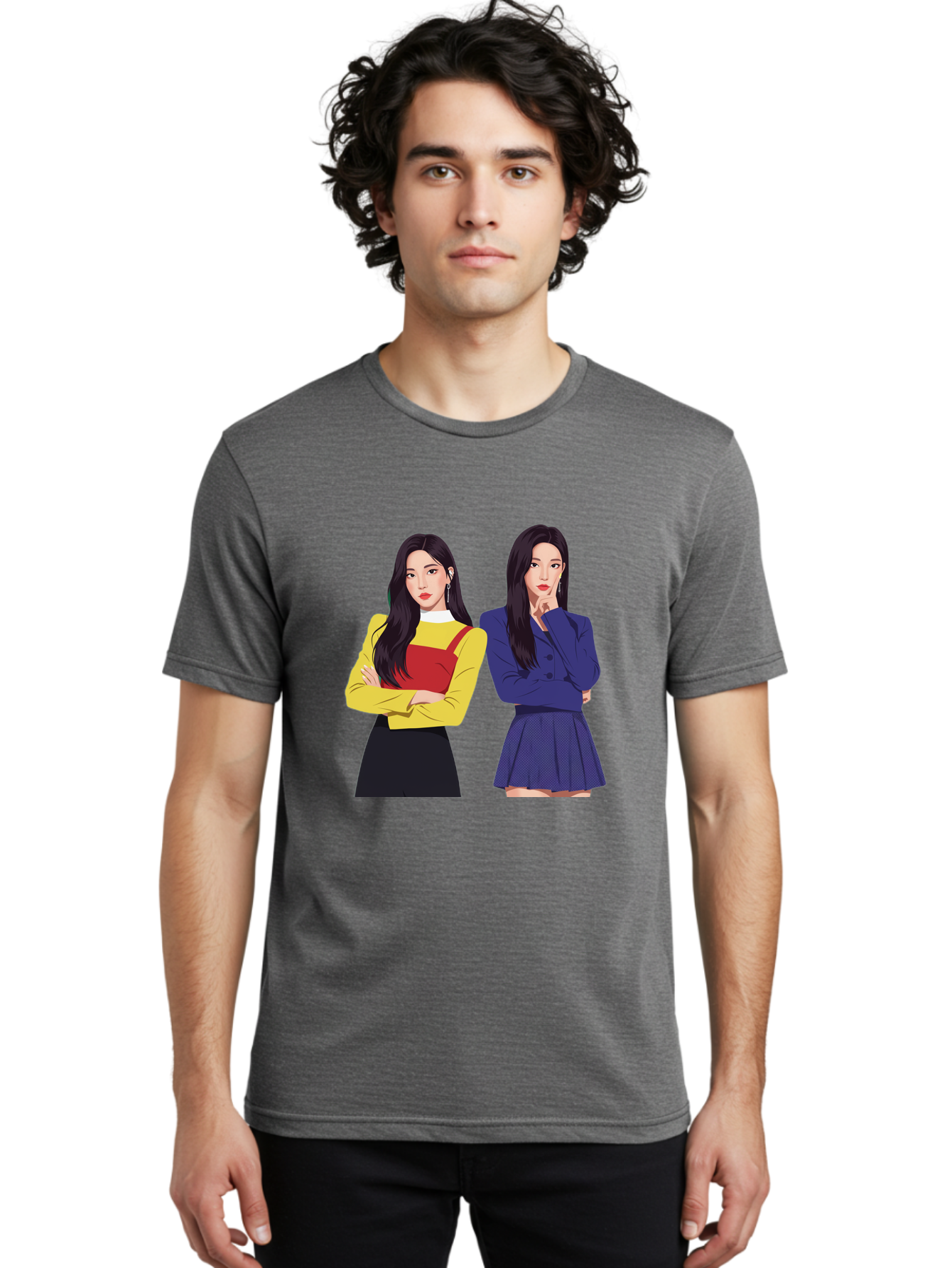 Two-Women Men'S Graphic Tee, 100% Cotton, Comfortable Casual Summer Wear, Machine Washable, Two Women Standing, Long Black Hair, Fashionable Clothing, Confident Poses, Contrasting Outfits, Yellow And Red, Blue Jacket, Pleated Skirt, Bac527