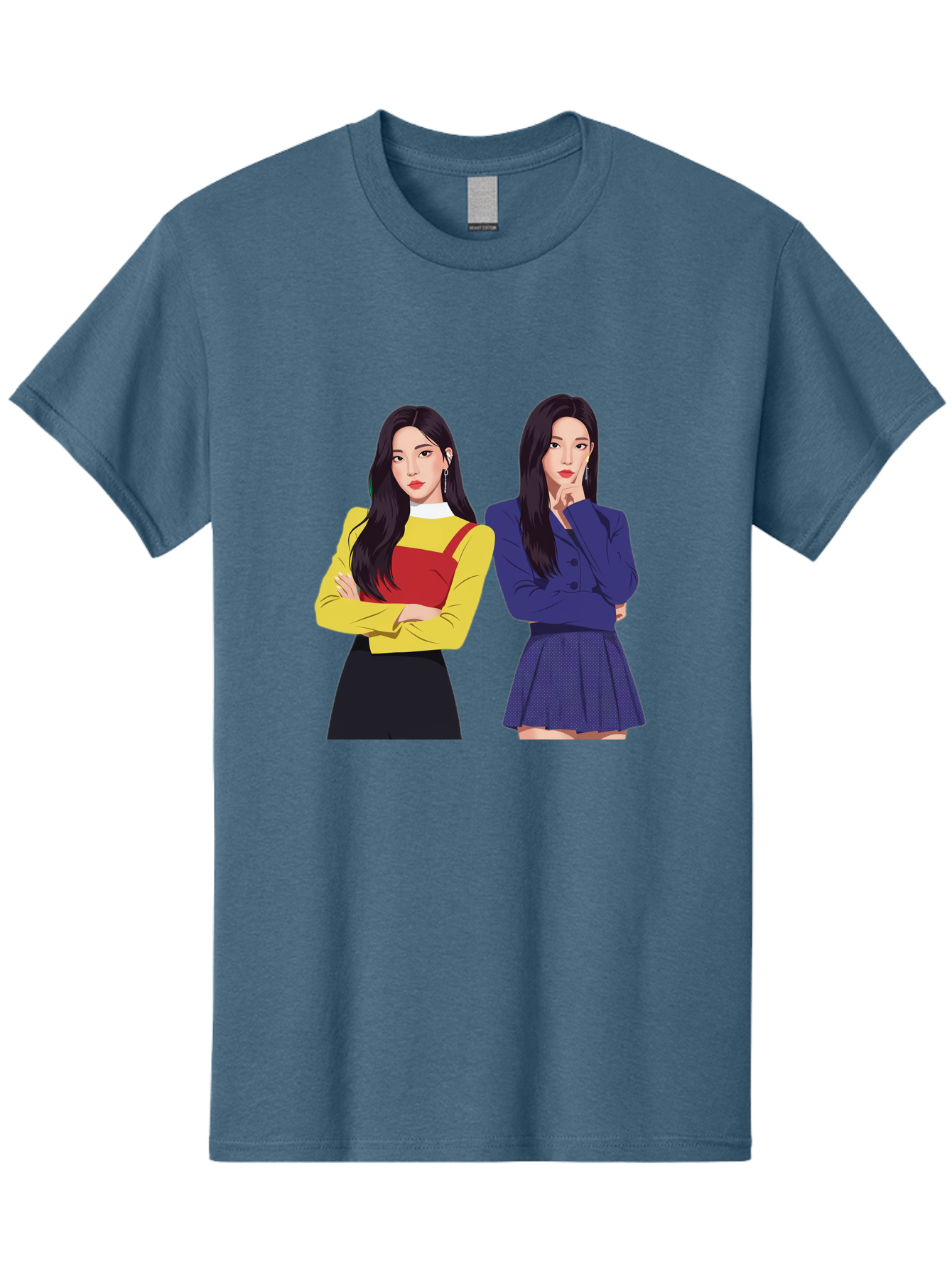 Two-Women Men'S Graphic Tee, 100% Cotton, Comfortable Casual Summer Wear, Machine Washable, Two Women Standing, Long Black Hair, Fashionable Clothing, Confident Poses, Contrasting Outfits, Yellow And Red, Blue Jacket, Pleated Skirt, Bac527