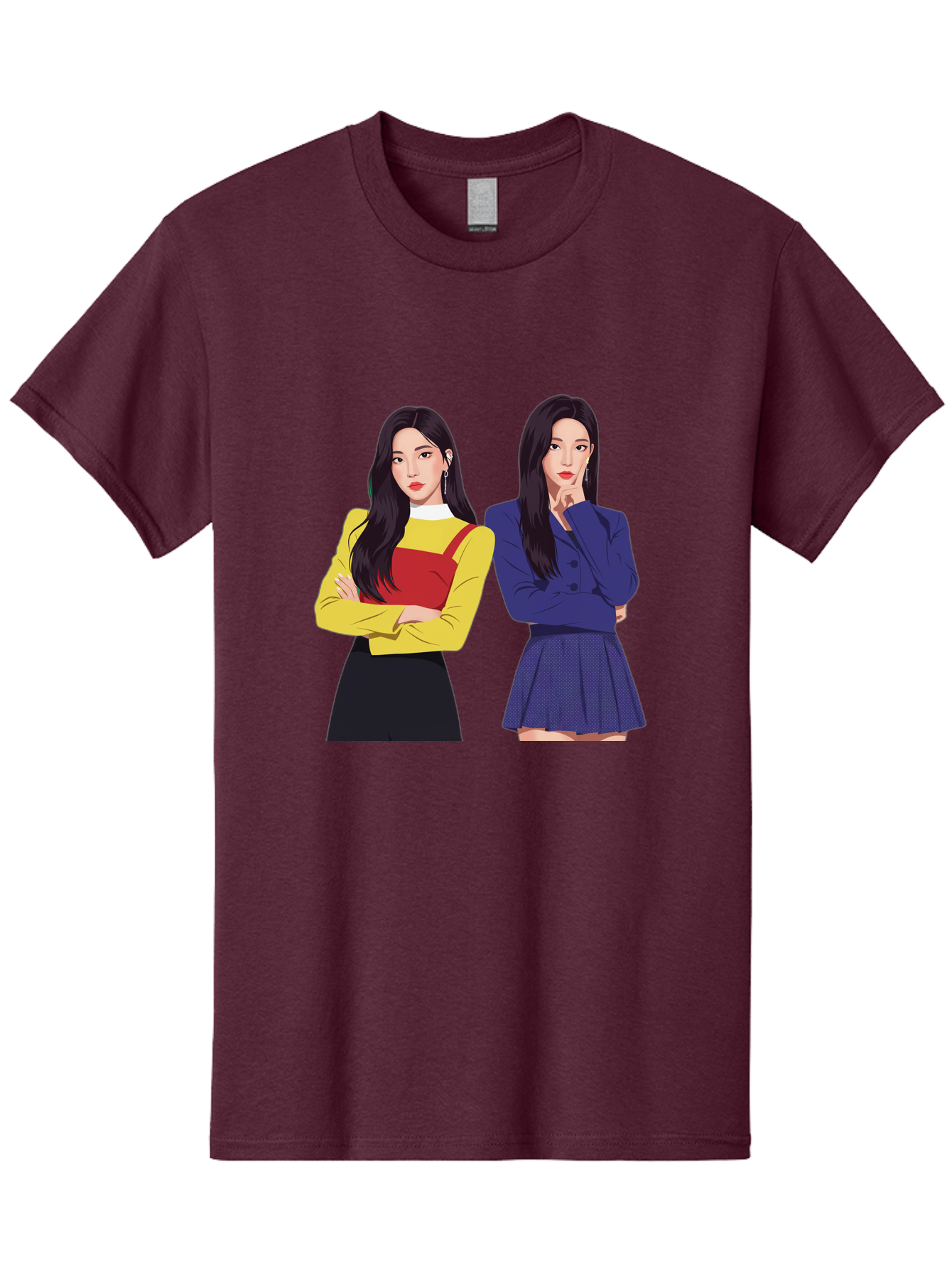 Two-Women Men'S Graphic Tee, 100% Cotton, Comfortable Casual Summer Wear, Machine Washable, Two Women Standing, Long Black Hair, Fashionable Clothing, Confident Poses, Contrasting Outfits, Yellow And Red, Blue Jacket, Pleated Skirt, Bac527