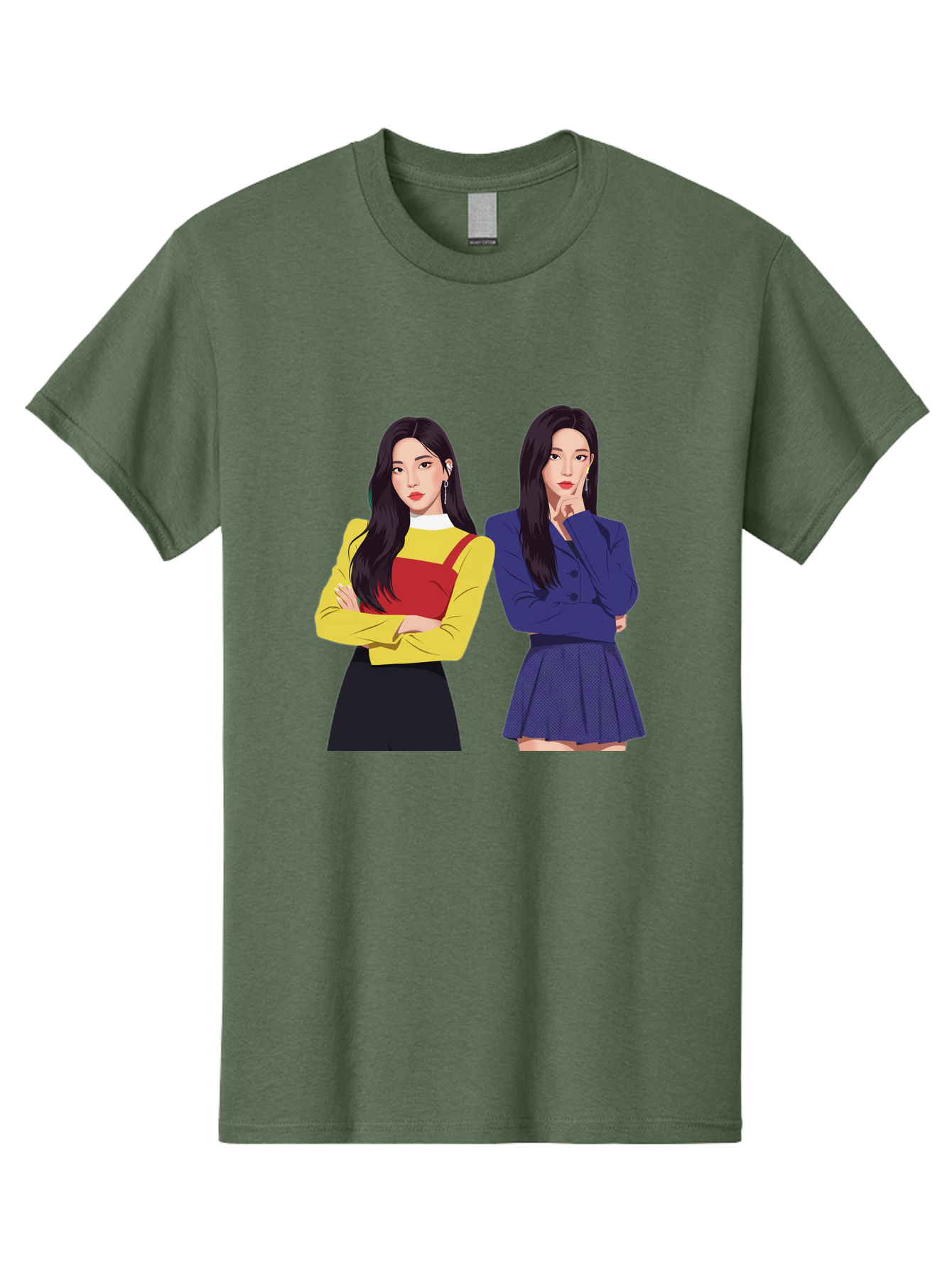 Two-Women Men'S Graphic Tee, 100% Cotton, Comfortable Casual Summer Wear, Machine Washable, Two Women Standing, Long Black Hair, Fashionable Clothing, Confident Poses, Contrasting Outfits, Yellow And Red, Blue Jacket, Pleated Skirt, Bac527