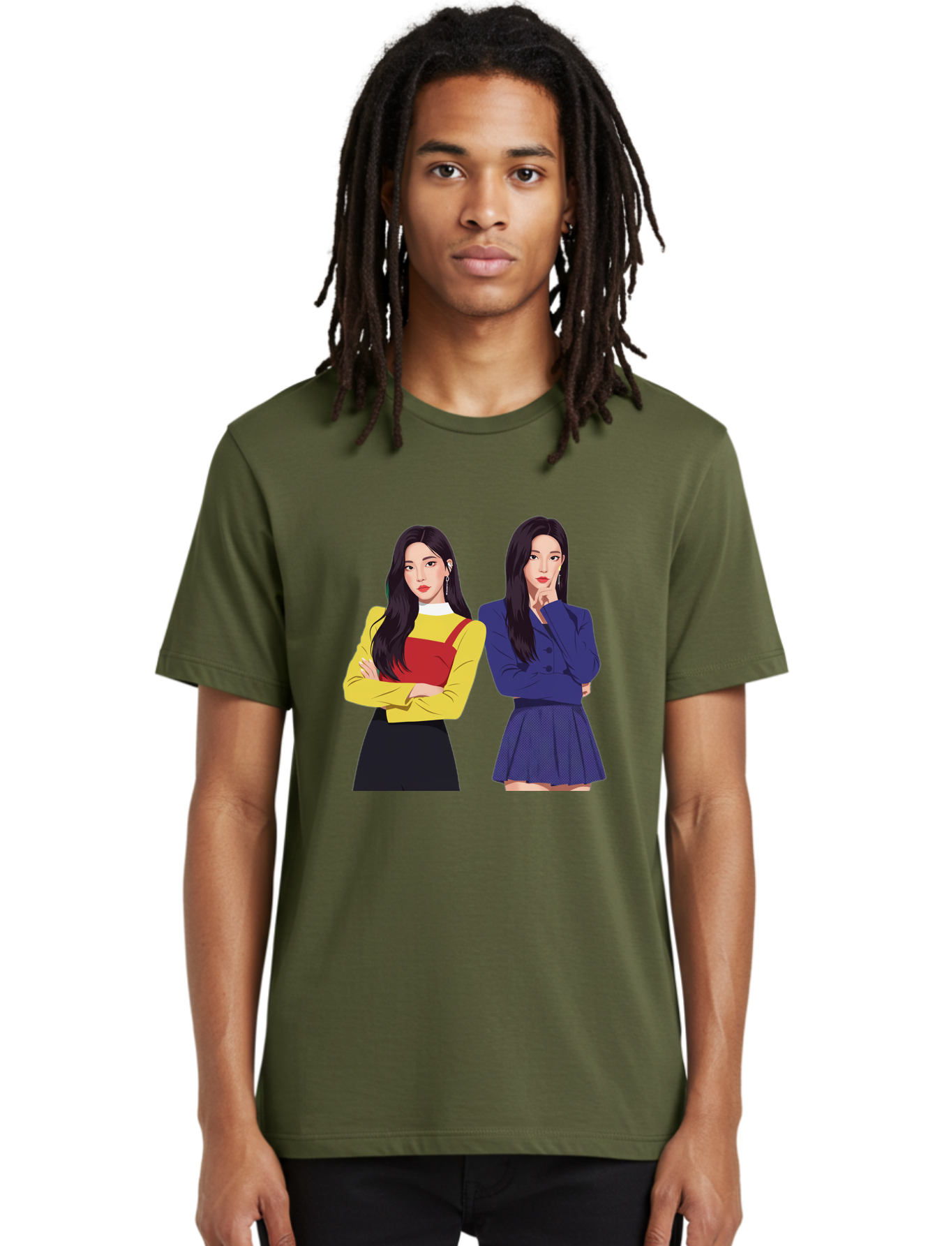 Two-Women Men'S Graphic Tee, 100% Cotton, Comfortable Casual Summer Wear, Machine Washable, Two Women Standing, Long Black Hair, Fashionable Clothing, Confident Poses, Contrasting Outfits, Yellow And Red, Blue Jacket, Pleated Skirt, Bac527