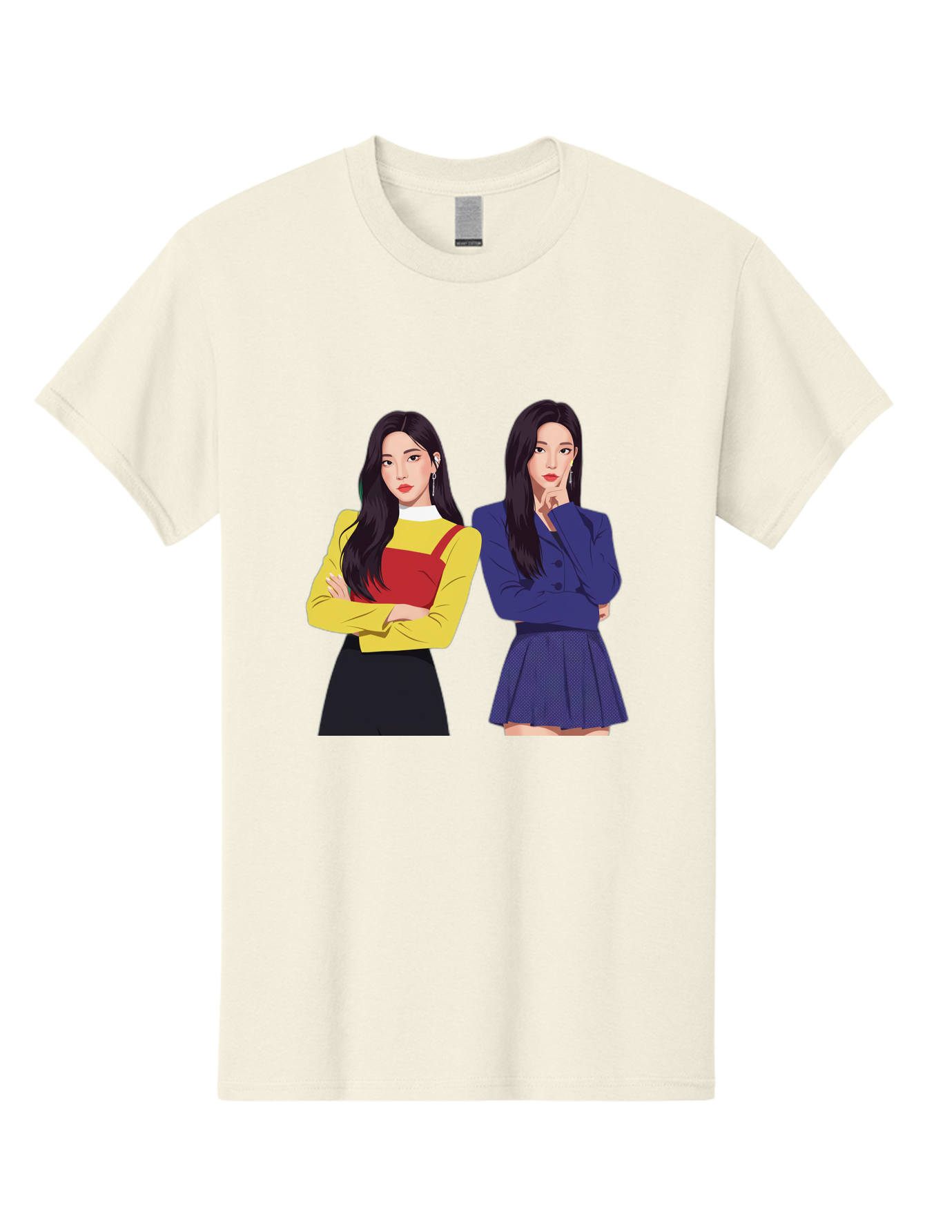 Two-Women Men'S Graphic Tee, 100% Cotton, Comfortable Casual Summer Wear, Machine Washable, Two Women Standing, Long Black Hair, Fashionable Clothing, Confident Poses, Contrasting Outfits, Yellow And Red, Blue Jacket, Pleated Skirt, Bac527