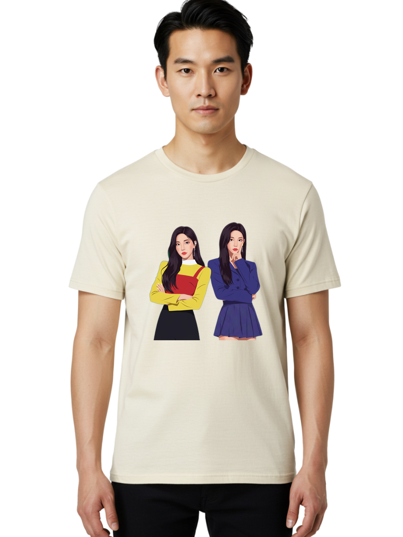 Two-Women Men'S Graphic Tee, 100% Cotton, Comfortable Casual Summer Wear, Machine Washable, Two Women Standing, Long Black Hair, Fashionable Clothing, Confident Poses, Contrasting Outfits, Yellow And Red, Blue Jacket, Pleated Skirt, Bac527