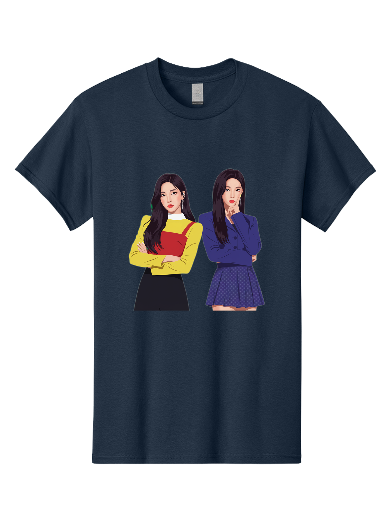 Two-Women Men'S Graphic Tee, 100% Cotton, Comfortable Casual Summer Wear, Machine Washable, Two Women Standing, Long Black Hair, Fashionable Clothing, Confident Poses, Contrasting Outfits, Yellow And Red, Blue Jacket, Pleated Skirt, Bac527