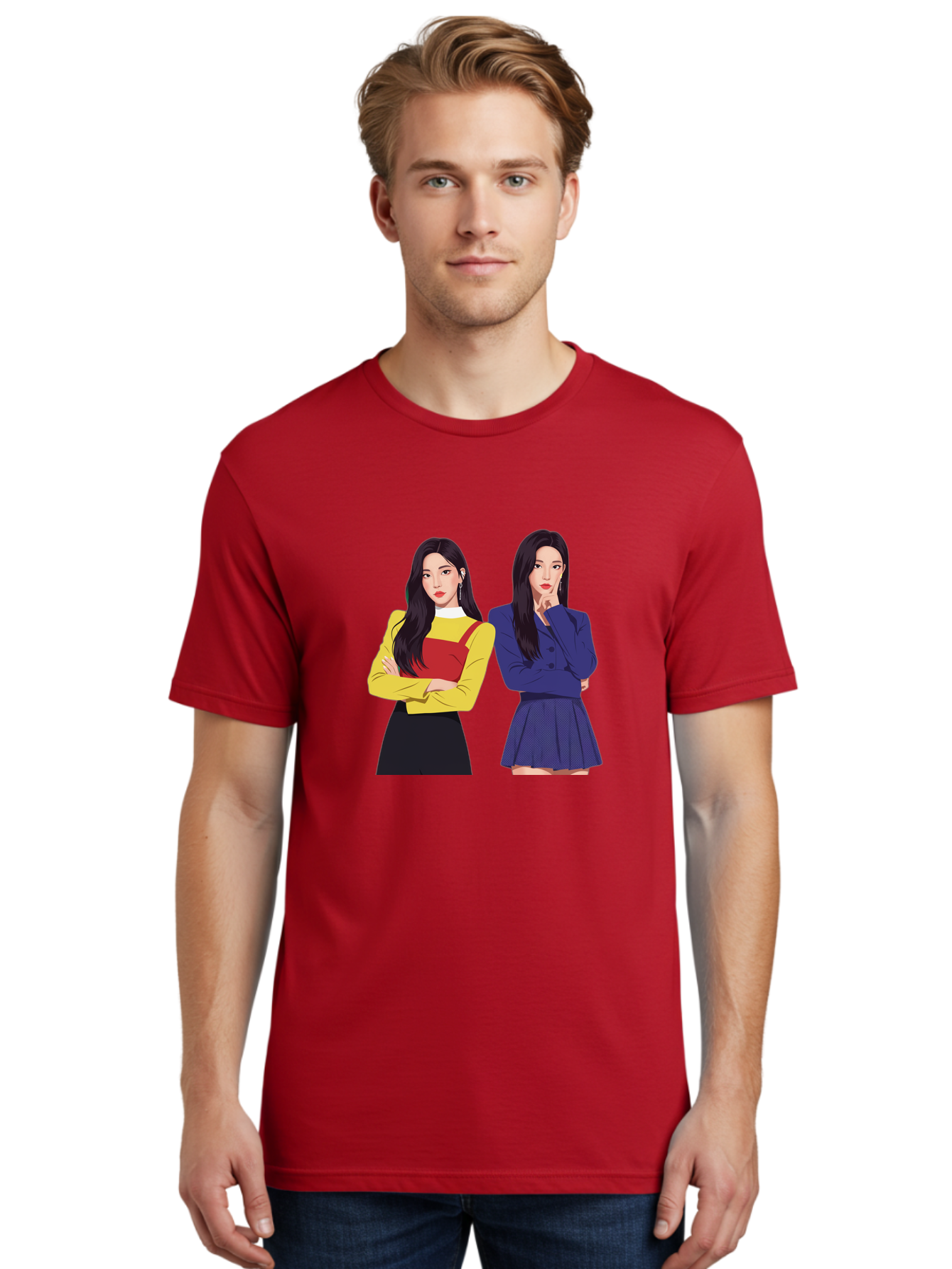 Two-Women Men'S Graphic Tee, 100% Cotton, Comfortable Casual Summer Wear, Machine Washable, Two Women Standing, Long Black Hair, Fashionable Clothing, Confident Poses, Contrasting Outfits, Yellow And Red, Blue Jacket, Pleated Skirt, Bac527