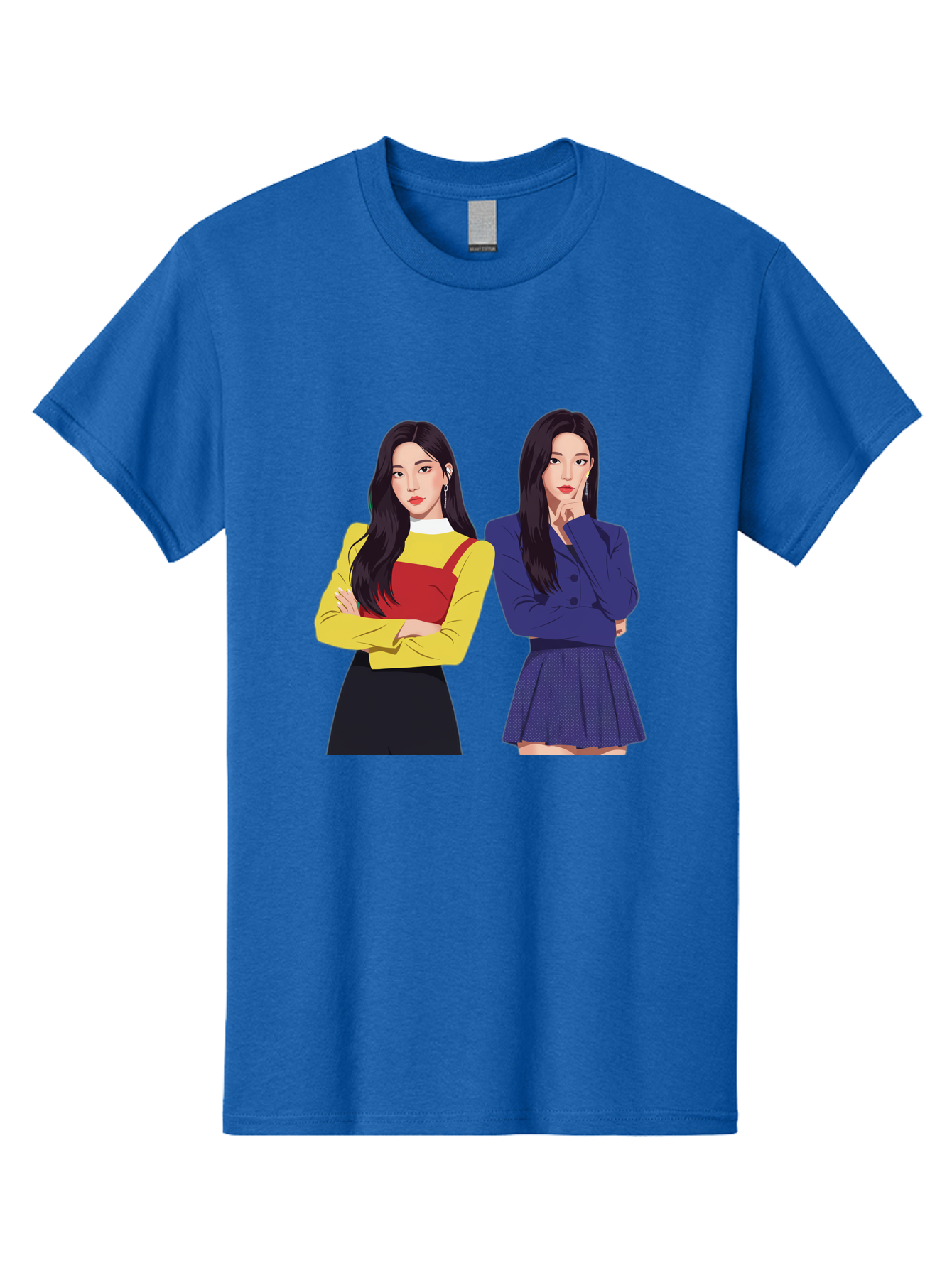 Two-Women Men'S Graphic Tee, 100% Cotton, Comfortable Casual Summer Wear, Machine Washable, Two Women Standing, Long Black Hair, Fashionable Clothing, Confident Poses, Contrasting Outfits, Yellow And Red, Blue Jacket, Pleated Skirt, Bac527