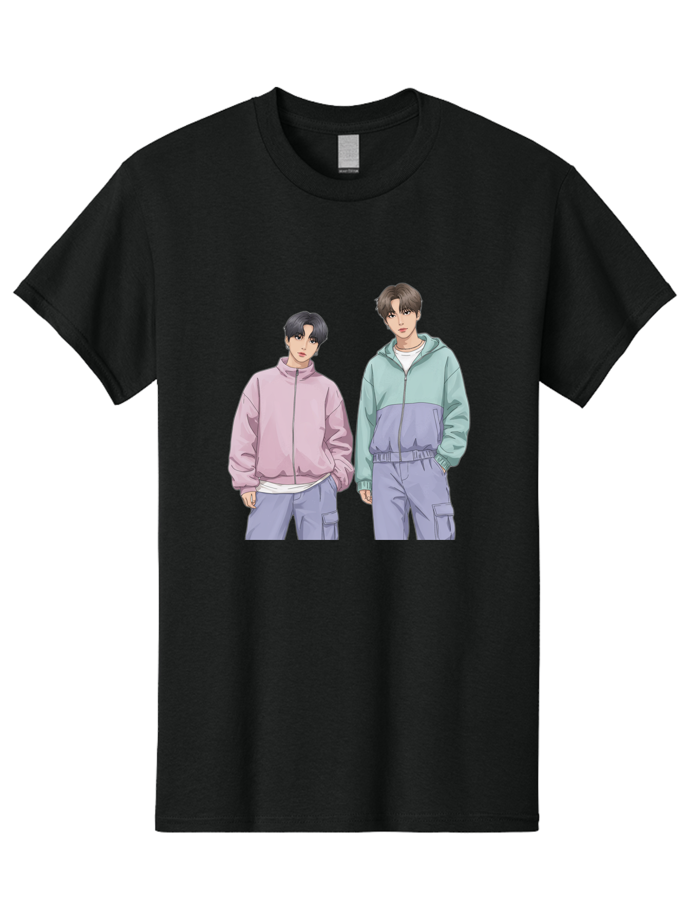 Two-Young-Men Men'S Graphic Tee, 100% Cotton, Comfortable Casual Summer Wear, Machine Washable, K-Pop Idols, Anime Style, Pastel Colors, Casual Wear, Streetwear Fashion, Purple Pants, Zip-Up Jackets, Modern Youth Culture Bac528
