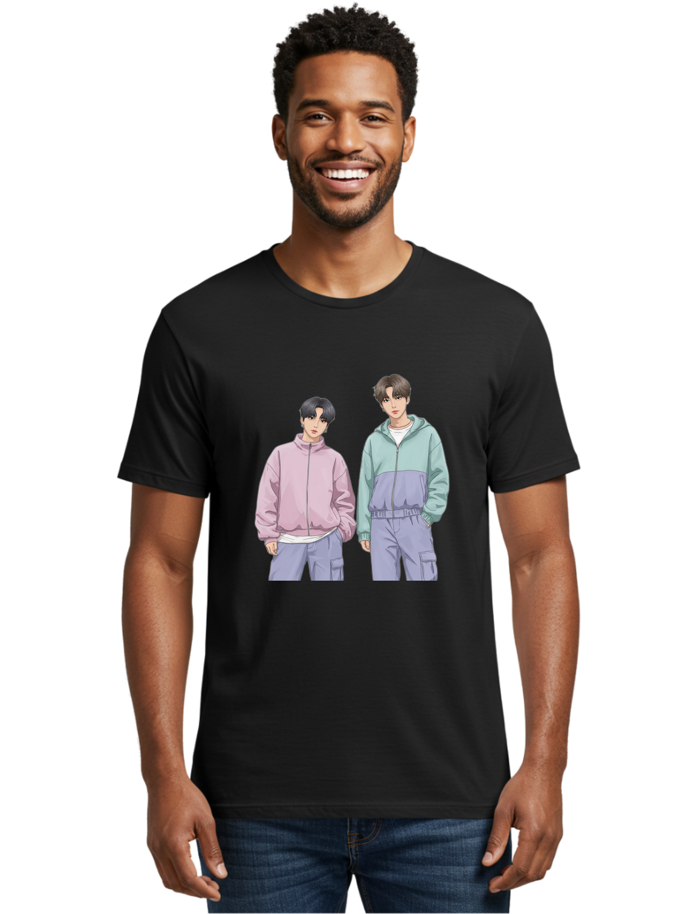 Two-Young-Men Men'S Graphic Tee, 100% Cotton, Comfortable Casual Summer Wear, Machine Washable, K-Pop Idols, Anime Style, Pastel Colors, Casual Wear, Streetwear Fashion, Purple Pants, Zip-Up Jackets, Modern Youth Culture Bac528