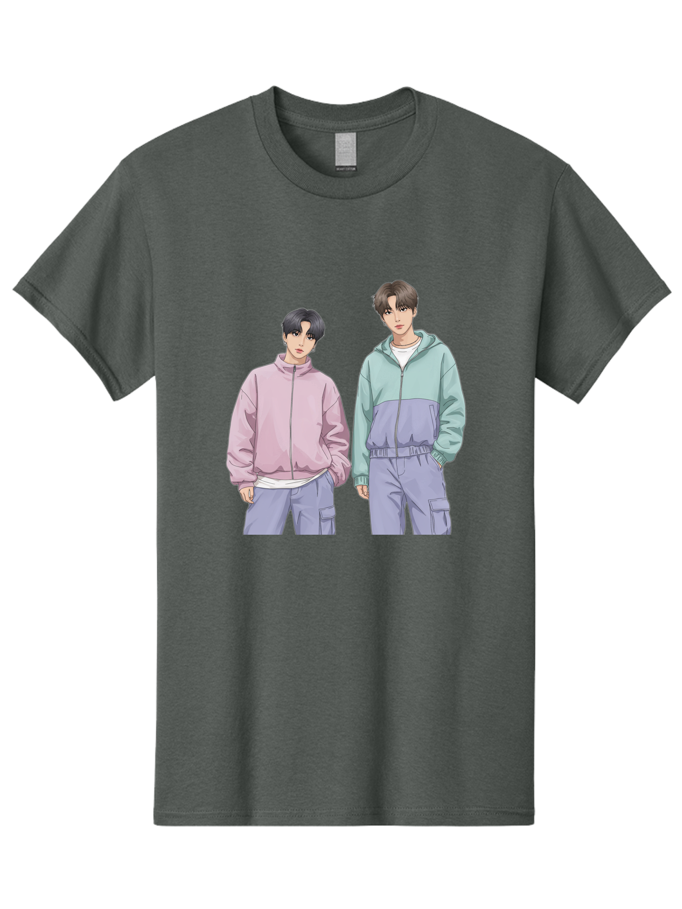 Two-Young-Men Men'S Graphic Tee, 100% Cotton, Comfortable Casual Summer Wear, Machine Washable, K-Pop Idols, Anime Style, Pastel Colors, Casual Wear, Streetwear Fashion, Purple Pants, Zip-Up Jackets, Modern Youth Culture Bac528