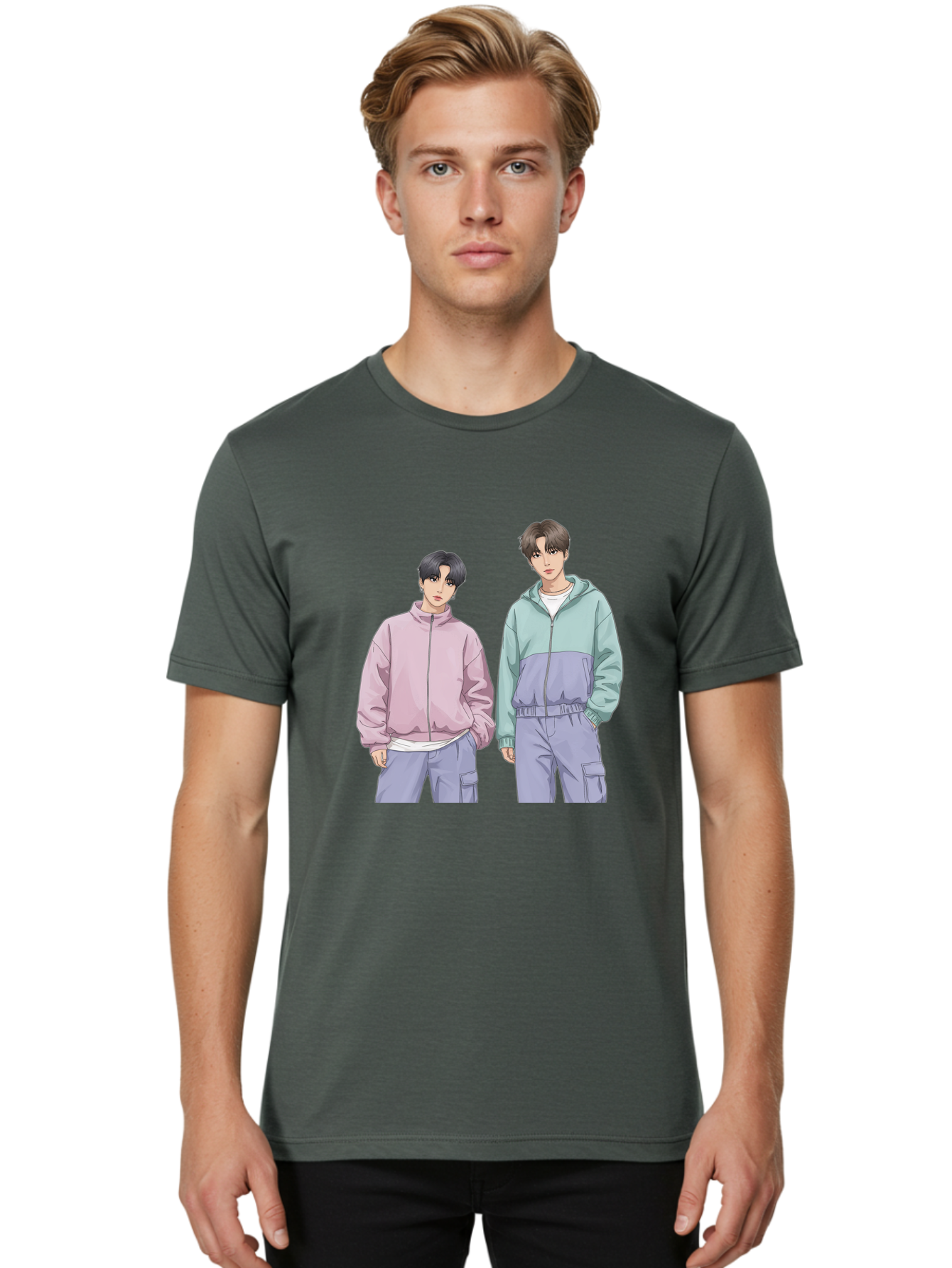 Two-Young-Men Men'S Graphic Tee, 100% Cotton, Comfortable Casual Summer Wear, Machine Washable, K-Pop Idols, Anime Style, Pastel Colors, Casual Wear, Streetwear Fashion, Purple Pants, Zip-Up Jackets, Modern Youth Culture Bac528