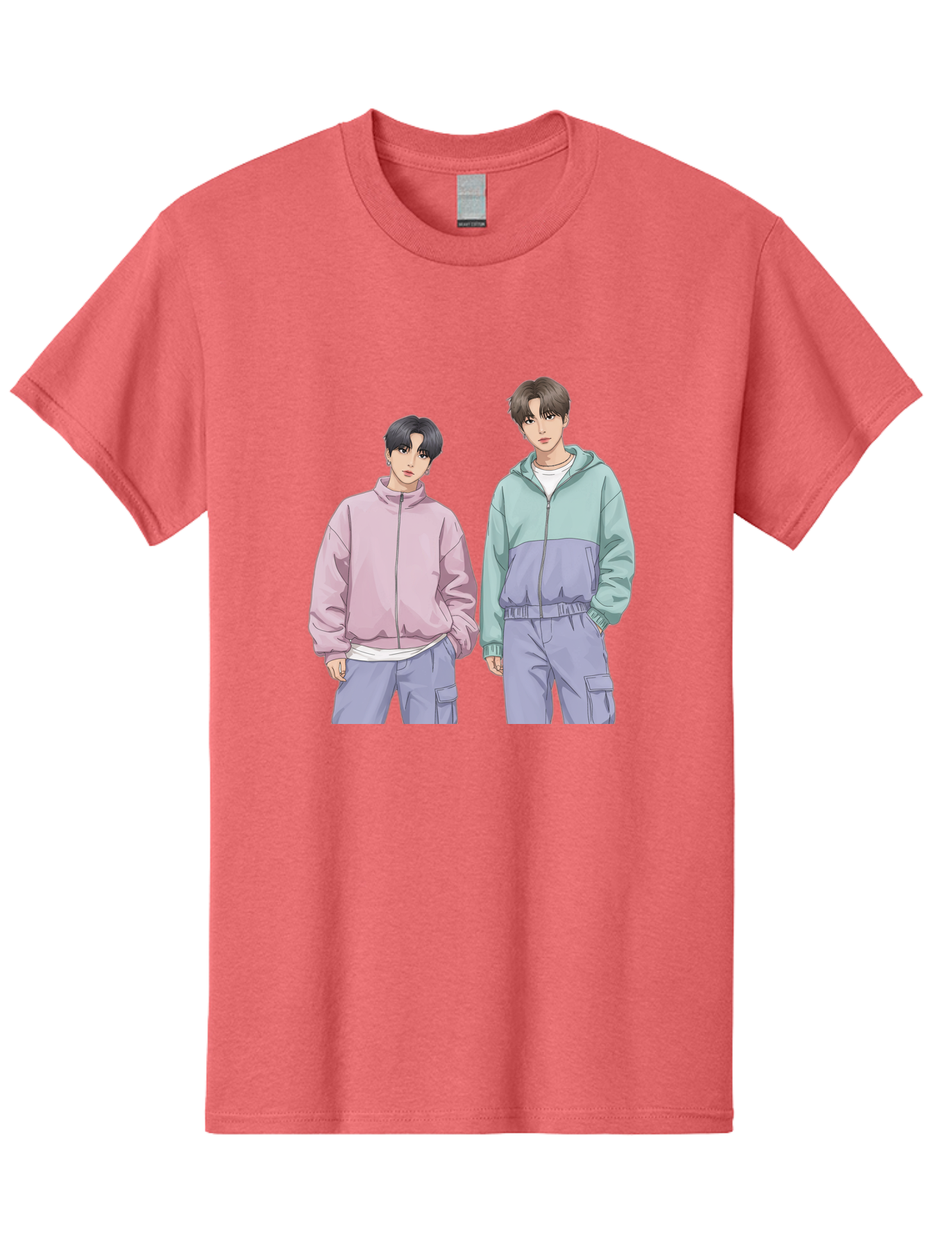Two-Young-Men Men'S Graphic Tee, 100% Cotton, Comfortable Casual Summer Wear, Machine Washable, K-Pop Idols, Anime Style, Pastel Colors, Casual Wear, Streetwear Fashion, Purple Pants, Zip-Up Jackets, Modern Youth Culture Bac528