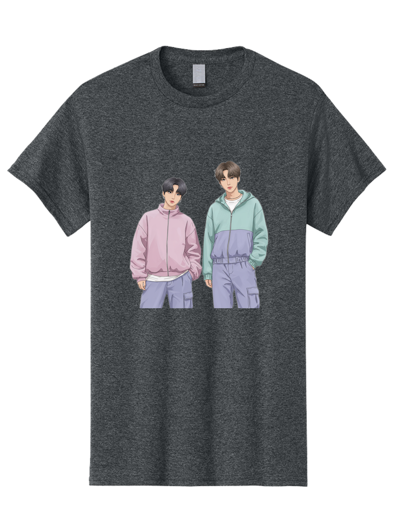 Two-Young-Men Men'S Graphic Tee, 100% Cotton, Comfortable Casual Summer Wear, Machine Washable, K-Pop Idols, Anime Style, Pastel Colors, Casual Wear, Streetwear Fashion, Purple Pants, Zip-Up Jackets, Modern Youth Culture Bac528