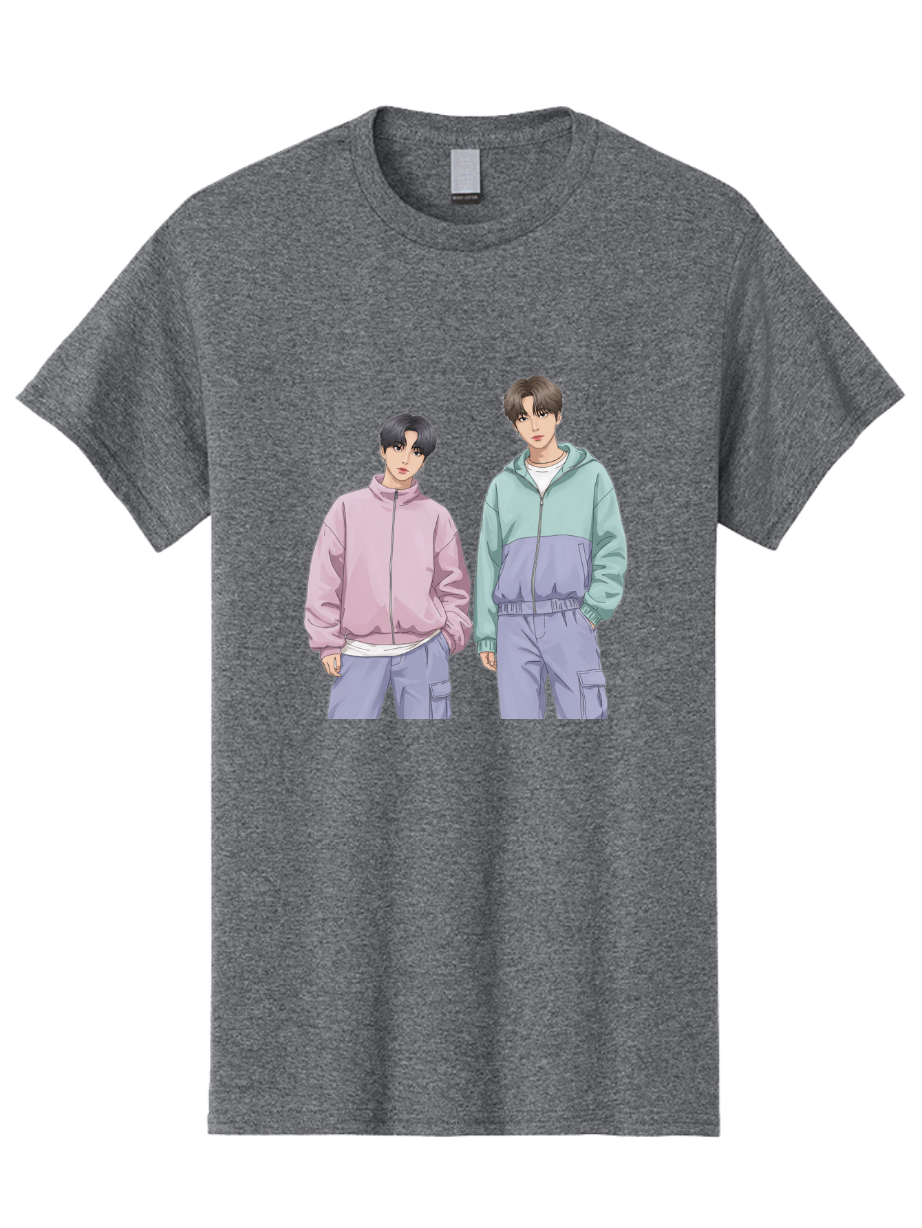 Two-Young-Men Men'S Graphic Tee, 100% Cotton, Comfortable Casual Summer Wear, Machine Washable, K-Pop Idols, Anime Style, Pastel Colors, Casual Wear, Streetwear Fashion, Purple Pants, Zip-Up Jackets, Modern Youth Culture Bac528
