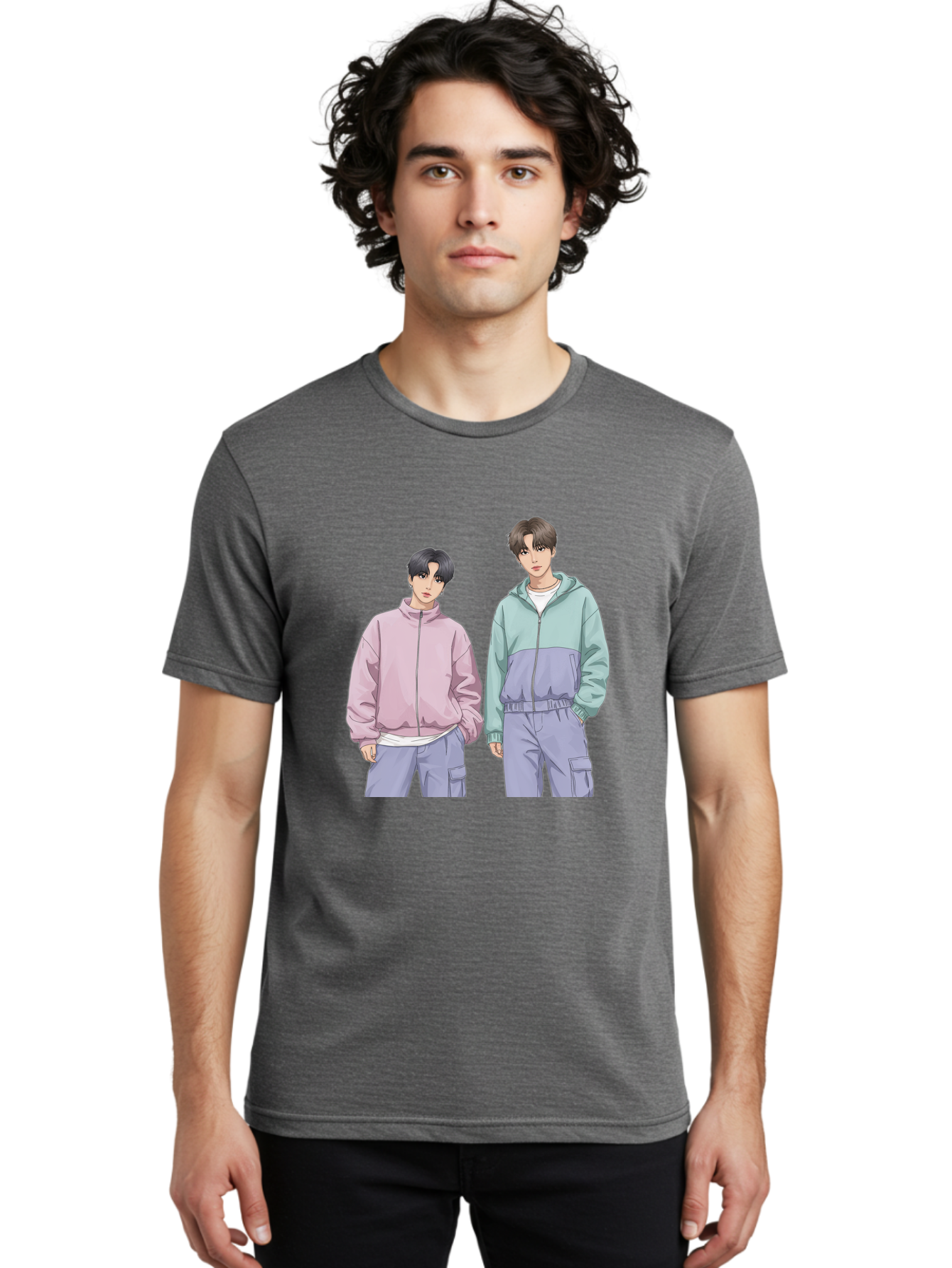 Two-Young-Men Men'S Graphic Tee, 100% Cotton, Comfortable Casual Summer Wear, Machine Washable, K-Pop Idols, Anime Style, Pastel Colors, Casual Wear, Streetwear Fashion, Purple Pants, Zip-Up Jackets, Modern Youth Culture Bac528
