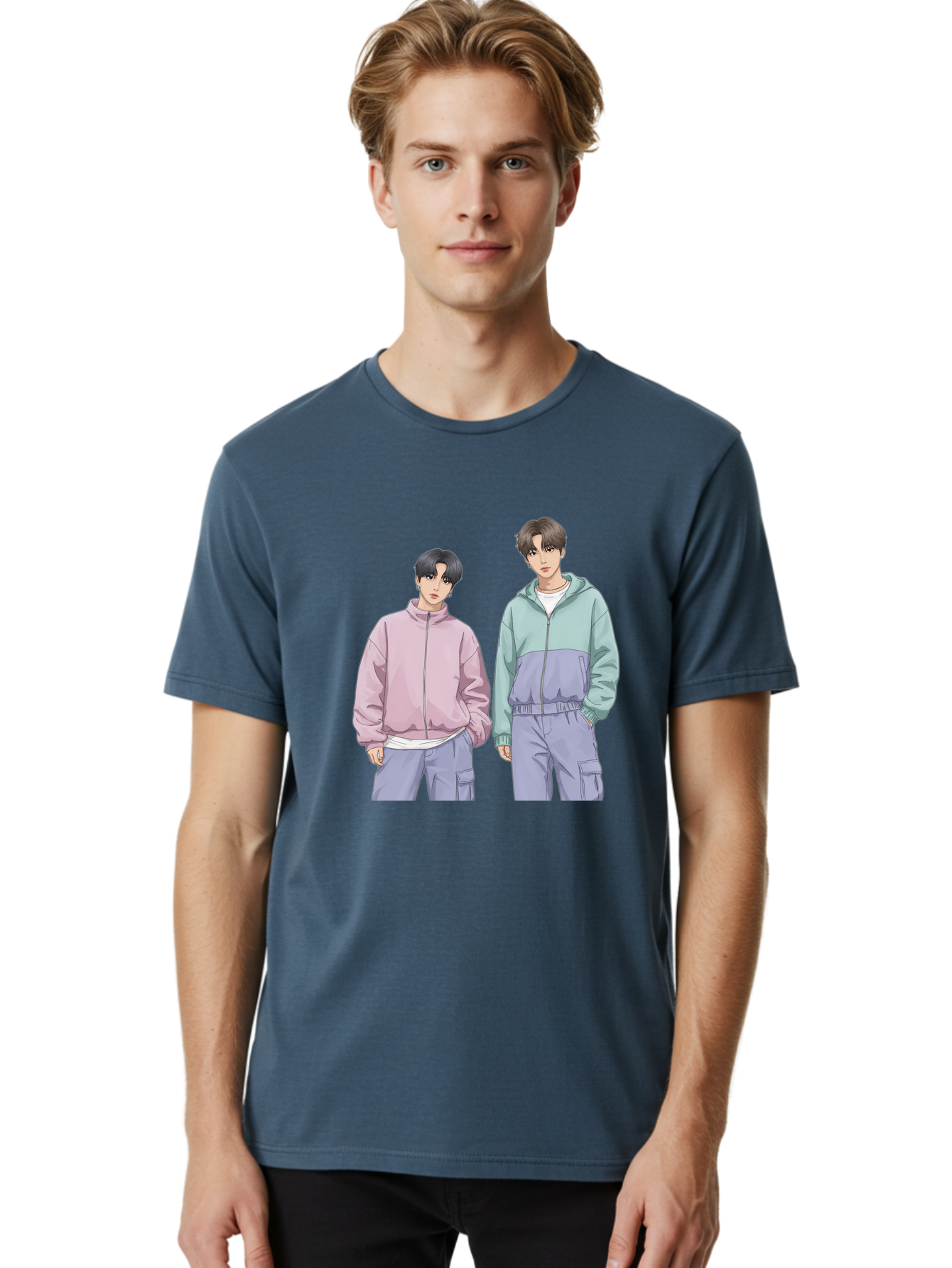 Two-Young-Men Men'S Graphic Tee, 100% Cotton, Comfortable Casual Summer Wear, Machine Washable, K-Pop Idols, Anime Style, Pastel Colors, Casual Wear, Streetwear Fashion, Purple Pants, Zip-Up Jackets, Modern Youth Culture Bac528