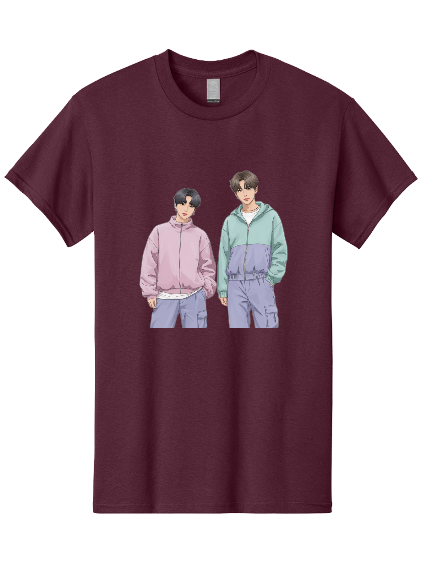 Two-Young-Men Men'S Graphic Tee, 100% Cotton, Comfortable Casual Summer Wear, Machine Washable, K-Pop Idols, Anime Style, Pastel Colors, Casual Wear, Streetwear Fashion, Purple Pants, Zip-Up Jackets, Modern Youth Culture Bac528