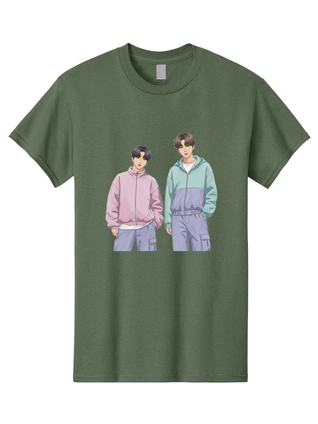 Two-Young-Men Men'S Graphic Tee, 100% Cotton, Comfortable Casual Summer Wear, Machine Washable, K-Pop Idols, Anime Style, Pastel Colors, Casual Wear, Streetwear Fashion, Purple Pants, Zip-Up Jackets, Modern Youth Culture Bac528