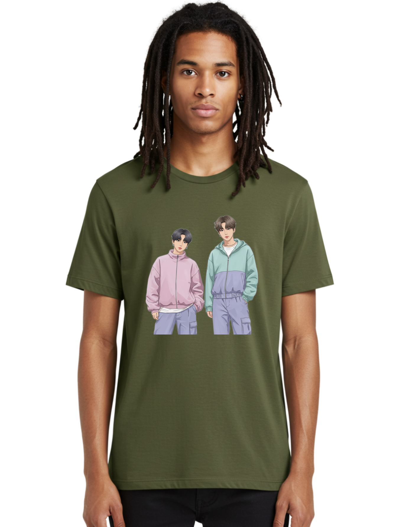 Two-Young-Men Men'S Graphic Tee, 100% Cotton, Comfortable Casual Summer Wear, Machine Washable, K-Pop Idols, Anime Style, Pastel Colors, Casual Wear, Streetwear Fashion, Purple Pants, Zip-Up Jackets, Modern Youth Culture Bac528
