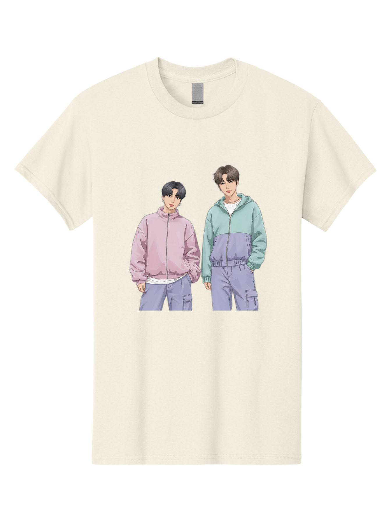 Two-Young-Men Men'S Graphic Tee, 100% Cotton, Comfortable Casual Summer Wear, Machine Washable, K-Pop Idols, Anime Style, Pastel Colors, Casual Wear, Streetwear Fashion, Purple Pants, Zip-Up Jackets, Modern Youth Culture Bac528