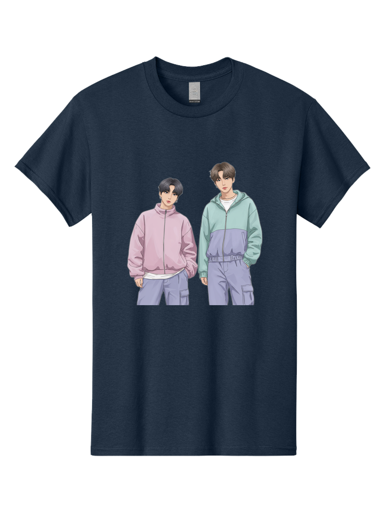 Two-Young-Men Men'S Graphic Tee, 100% Cotton, Comfortable Casual Summer Wear, Machine Washable, K-Pop Idols, Anime Style, Pastel Colors, Casual Wear, Streetwear Fashion, Purple Pants, Zip-Up Jackets, Modern Youth Culture Bac528