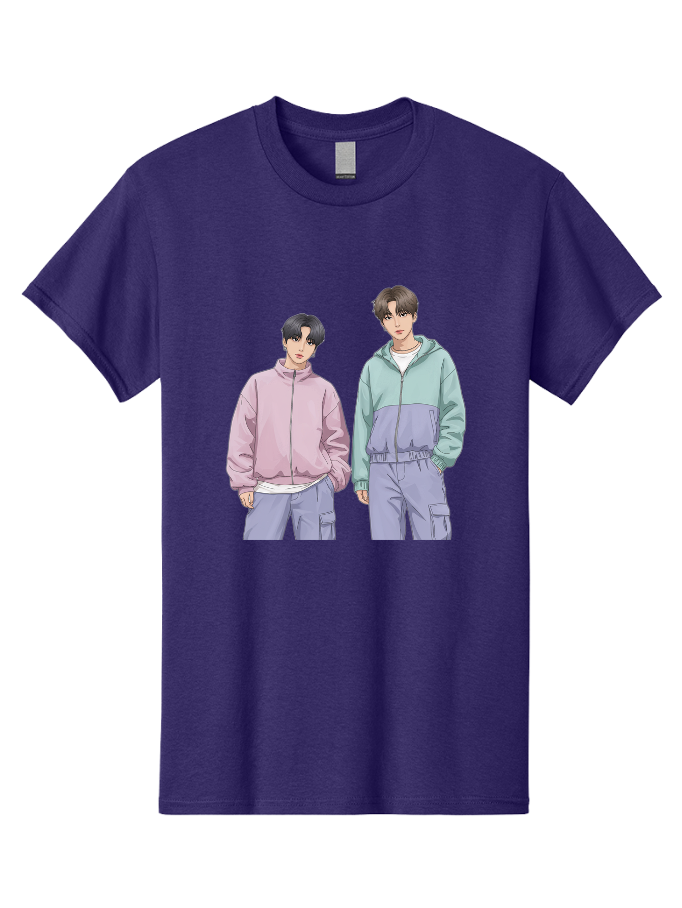 Two-Young-Men Men'S Graphic Tee, 100% Cotton, Comfortable Casual Summer Wear, Machine Washable, K-Pop Idols, Anime Style, Pastel Colors, Casual Wear, Streetwear Fashion, Purple Pants, Zip-Up Jackets, Modern Youth Culture Bac528