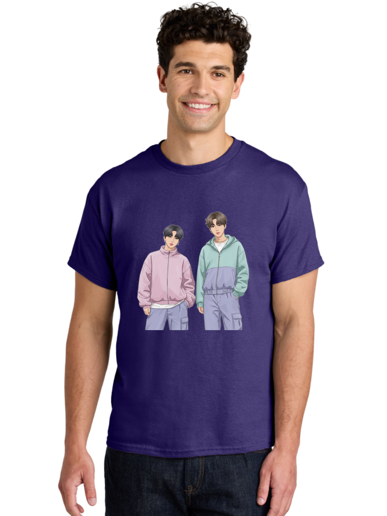 Two-Young-Men Men'S Graphic Tee, 100% Cotton, Comfortable Casual Summer Wear, Machine Washable, K-Pop Idols, Anime Style, Pastel Colors, Casual Wear, Streetwear Fashion, Purple Pants, Zip-Up Jackets, Modern Youth Culture Bac528