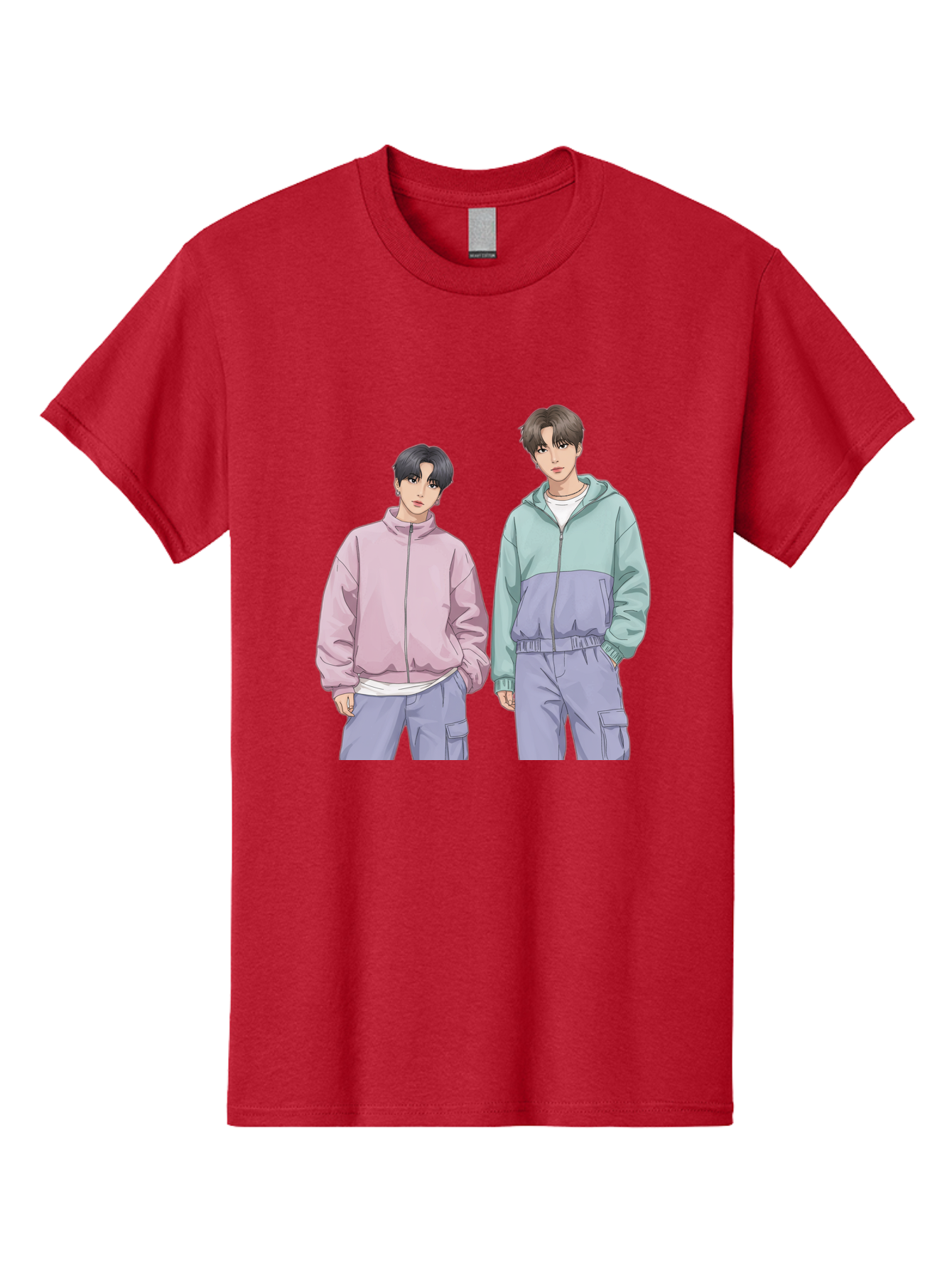 Two-Young-Men Men'S Graphic Tee, 100% Cotton, Comfortable Casual Summer Wear, Machine Washable, K-Pop Idols, Anime Style, Pastel Colors, Casual Wear, Streetwear Fashion, Purple Pants, Zip-Up Jackets, Modern Youth Culture Bac528