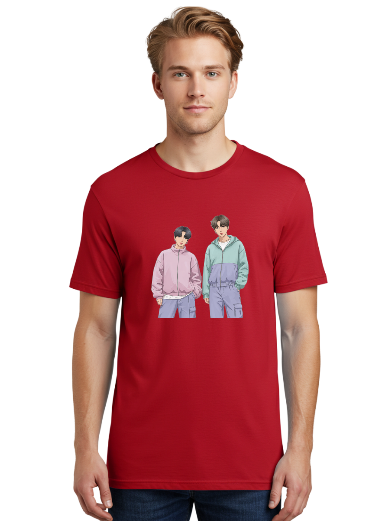 Two-Young-Men Men'S Graphic Tee, 100% Cotton, Comfortable Casual Summer Wear, Machine Washable, K-Pop Idols, Anime Style, Pastel Colors, Casual Wear, Streetwear Fashion, Purple Pants, Zip-Up Jackets, Modern Youth Culture Bac528