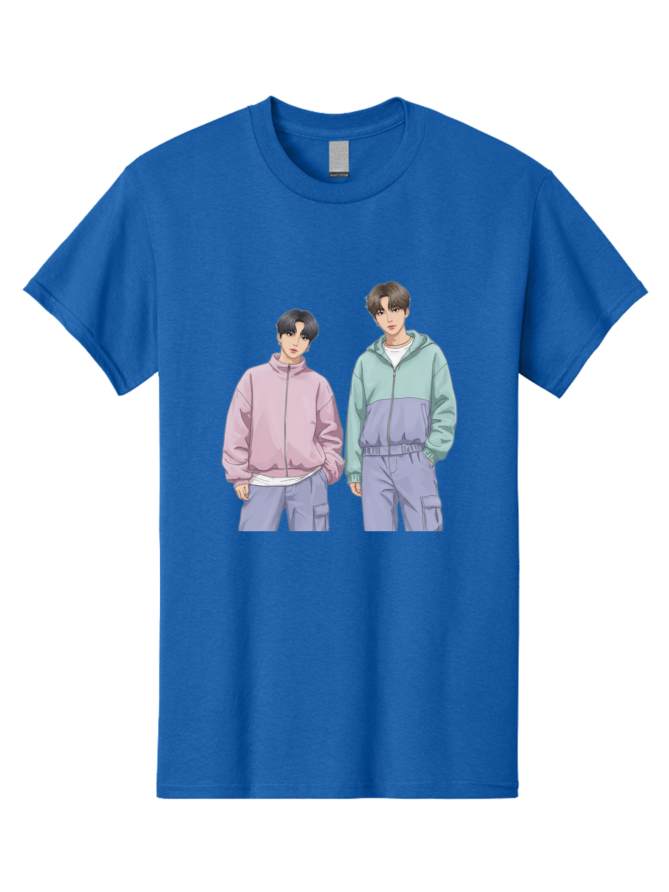 Two-Young-Men Men'S Graphic Tee, 100% Cotton, Comfortable Casual Summer Wear, Machine Washable, K-Pop Idols, Anime Style, Pastel Colors, Casual Wear, Streetwear Fashion, Purple Pants, Zip-Up Jackets, Modern Youth Culture Bac528