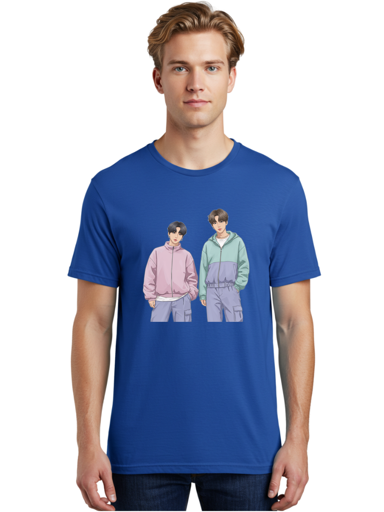 Two-Young-Men Men'S Graphic Tee, 100% Cotton, Comfortable Casual Summer Wear, Machine Washable, K-Pop Idols, Anime Style, Pastel Colors, Casual Wear, Streetwear Fashion, Purple Pants, Zip-Up Jackets, Modern Youth Culture Bac528