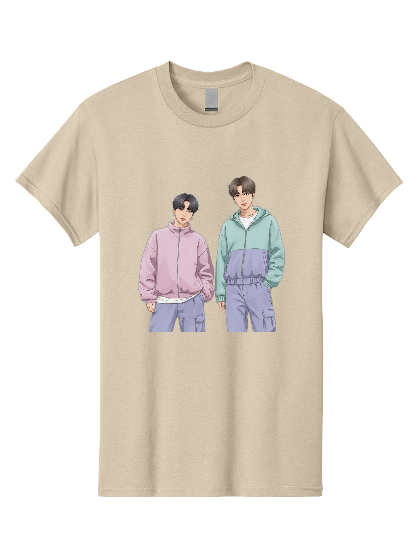 Two-Young-Men Men'S Graphic Tee, 100% Cotton, Comfortable Casual Summer Wear, Machine Washable, K-Pop Idols, Anime Style, Pastel Colors, Casual Wear, Streetwear Fashion, Purple Pants, Zip-Up Jackets, Modern Youth Culture Bac528